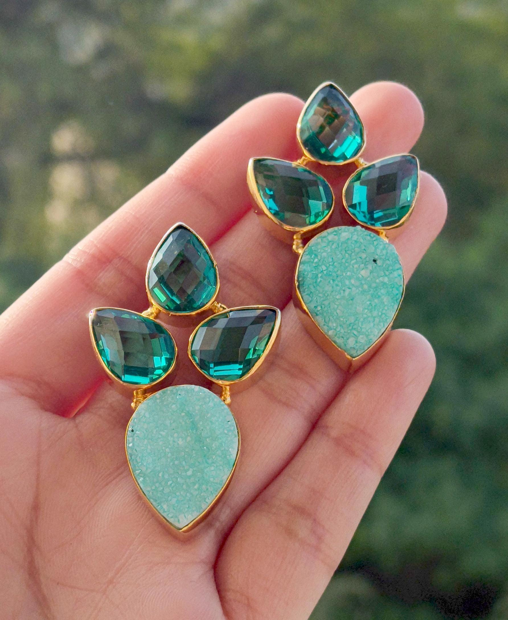 Green Agate Druzy Floral Drop Earrings: 18k Gold Plated Aqua Quartz Studs