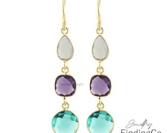 Gold Plated Drop Earrings - Chalcedony, Amethyst, Aqua Quartz Gemstone