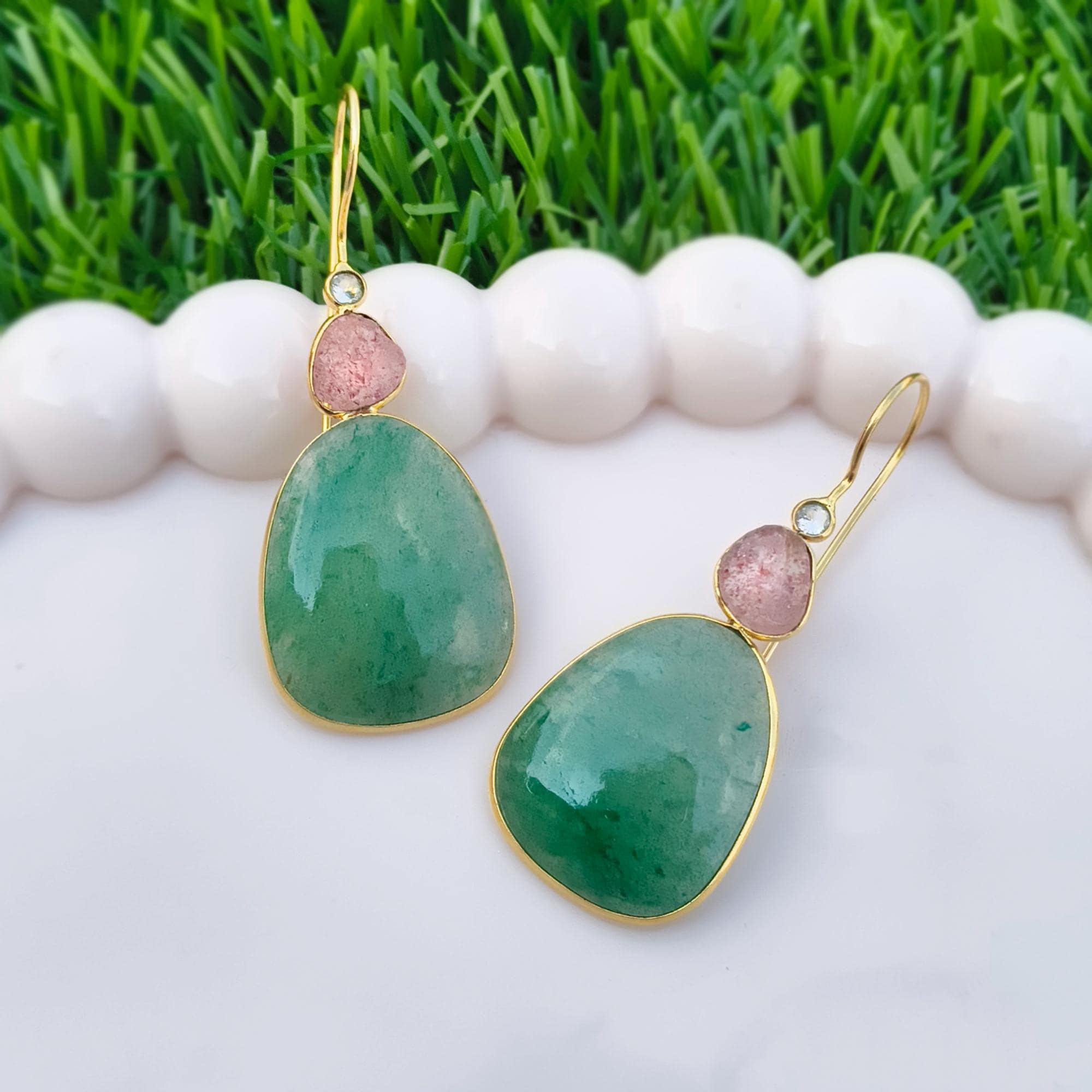 Green Strawberry Quartz Drop Earrings: 18k Gold Plated Bezel Gemstone Jewelry Gift