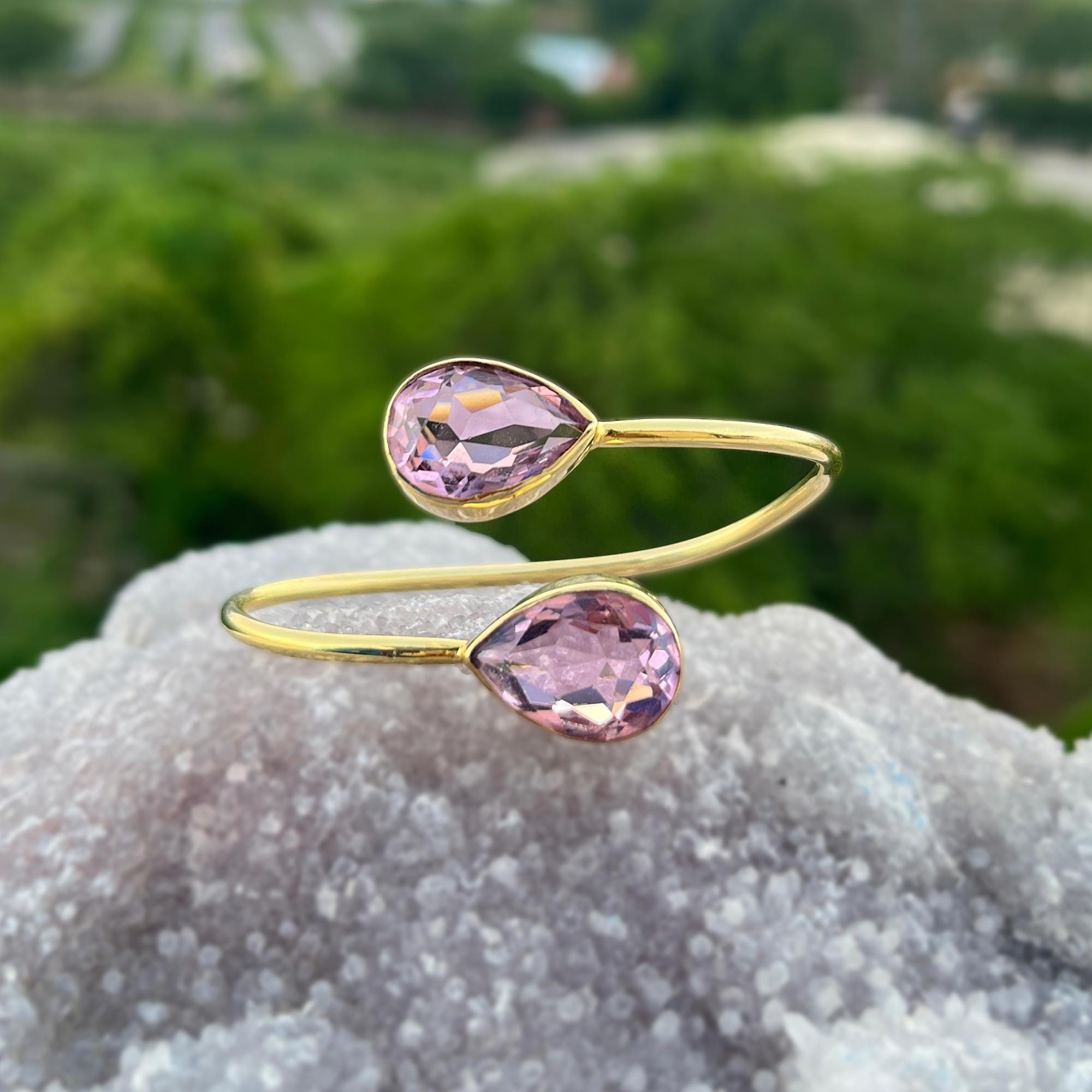 Teardrop Pink Quartz Gold Plated Cuff Bracelet: Brass Adjustable Open Bangle - Faceted Gemstone