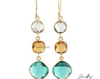 Hydro Crystal Quartz Dangle Earrings: Gold Plated Citrine Aqua Gemstone