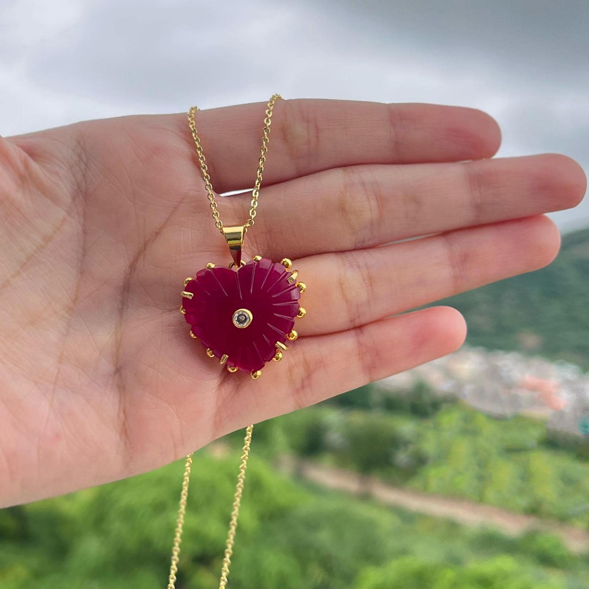 Ruby Jade Heart Pendant Necklace: 18k Gold Plated Black Onyx Gemstone
