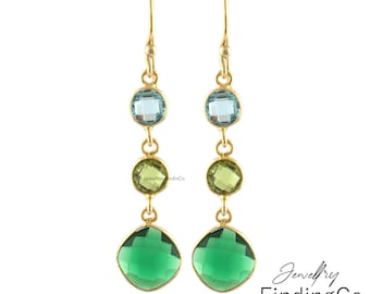 Multi-Stone Quartz Dangle Earrings, 18k Gold Plated Hook Earrings