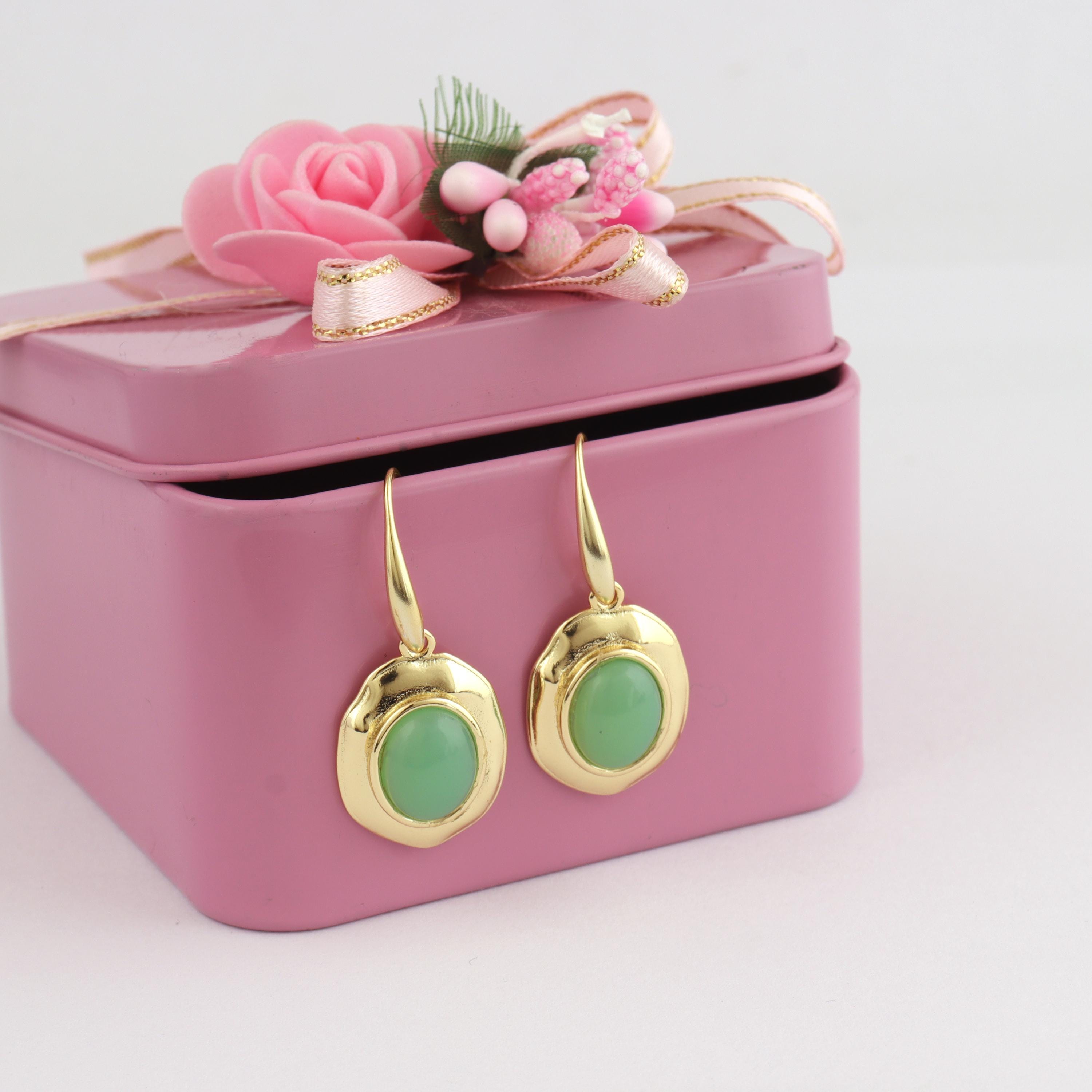 Chrysoprase Drop Earrings: 18k Gold Plated Oval Gemstone