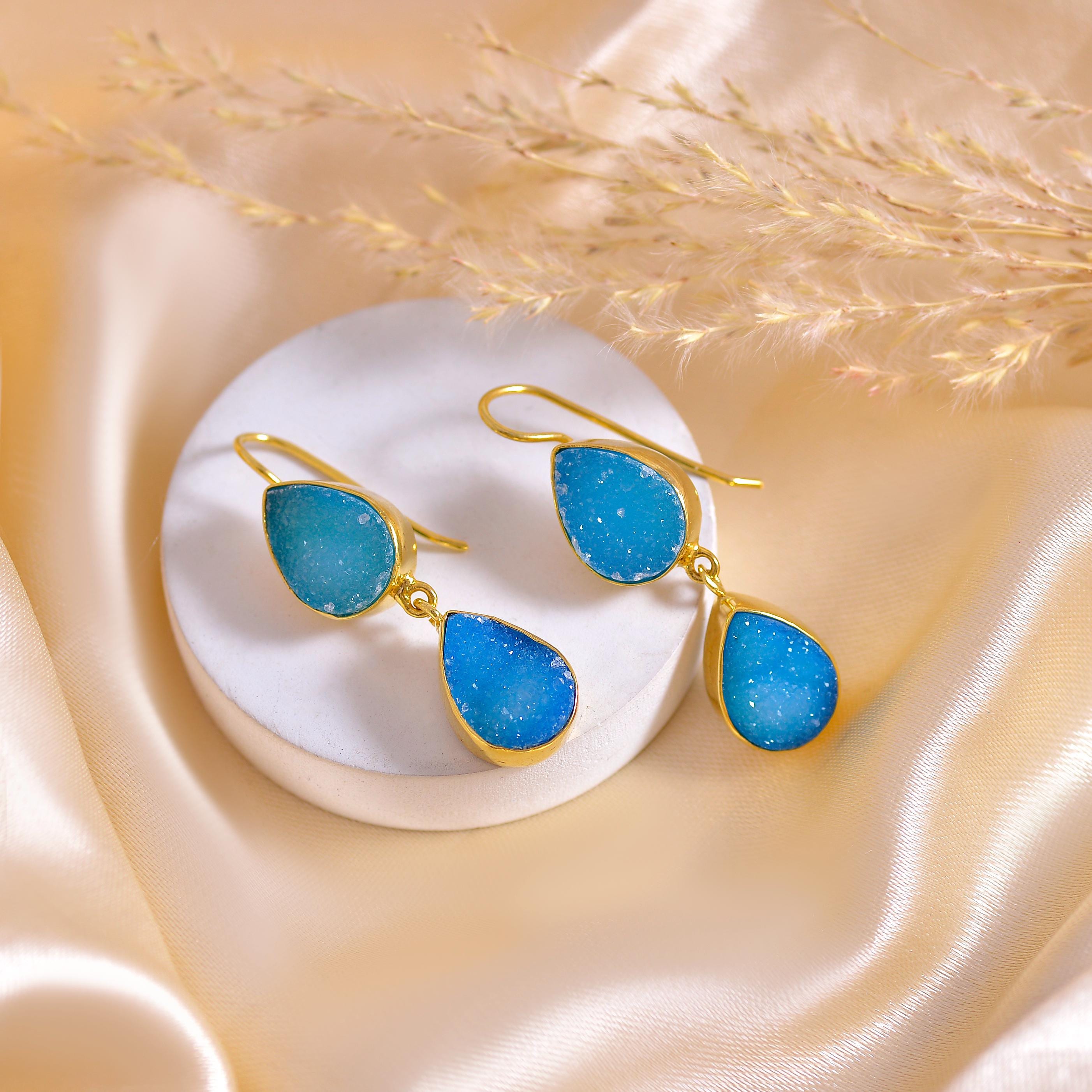 Handmade Blue Sugar Druzy Gold Plated Teardrop Earrings - Natural Gemstone