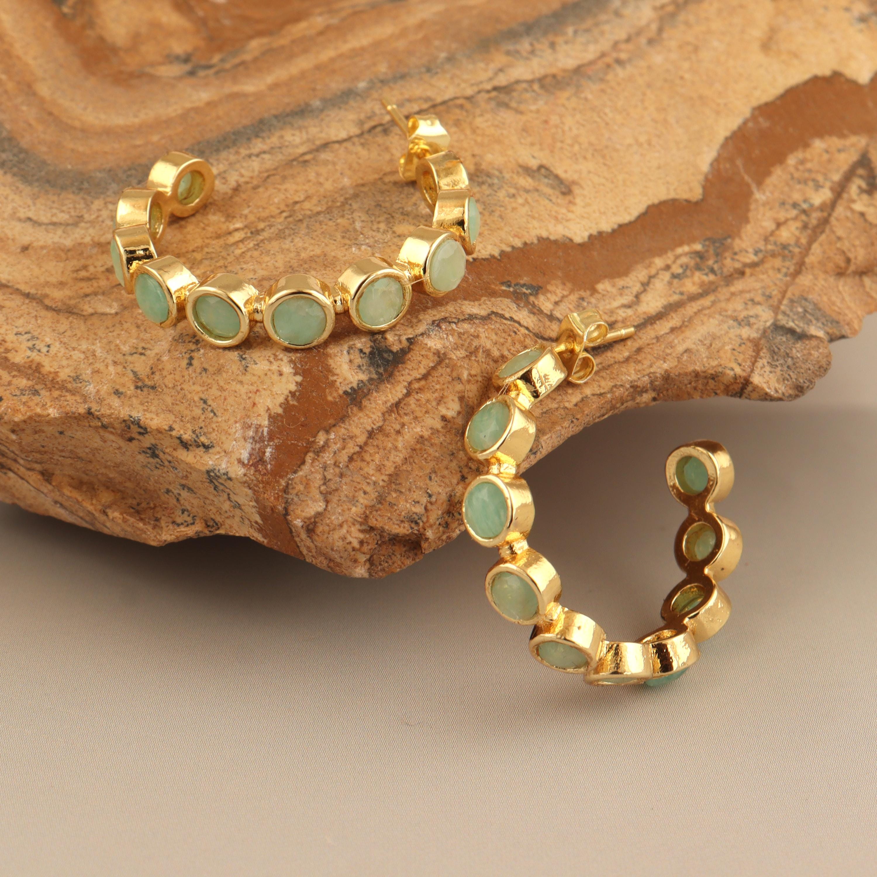 Amazonite Hoop Earrings: 18k Gold-Plated Studs, Genuine Round Gemstone