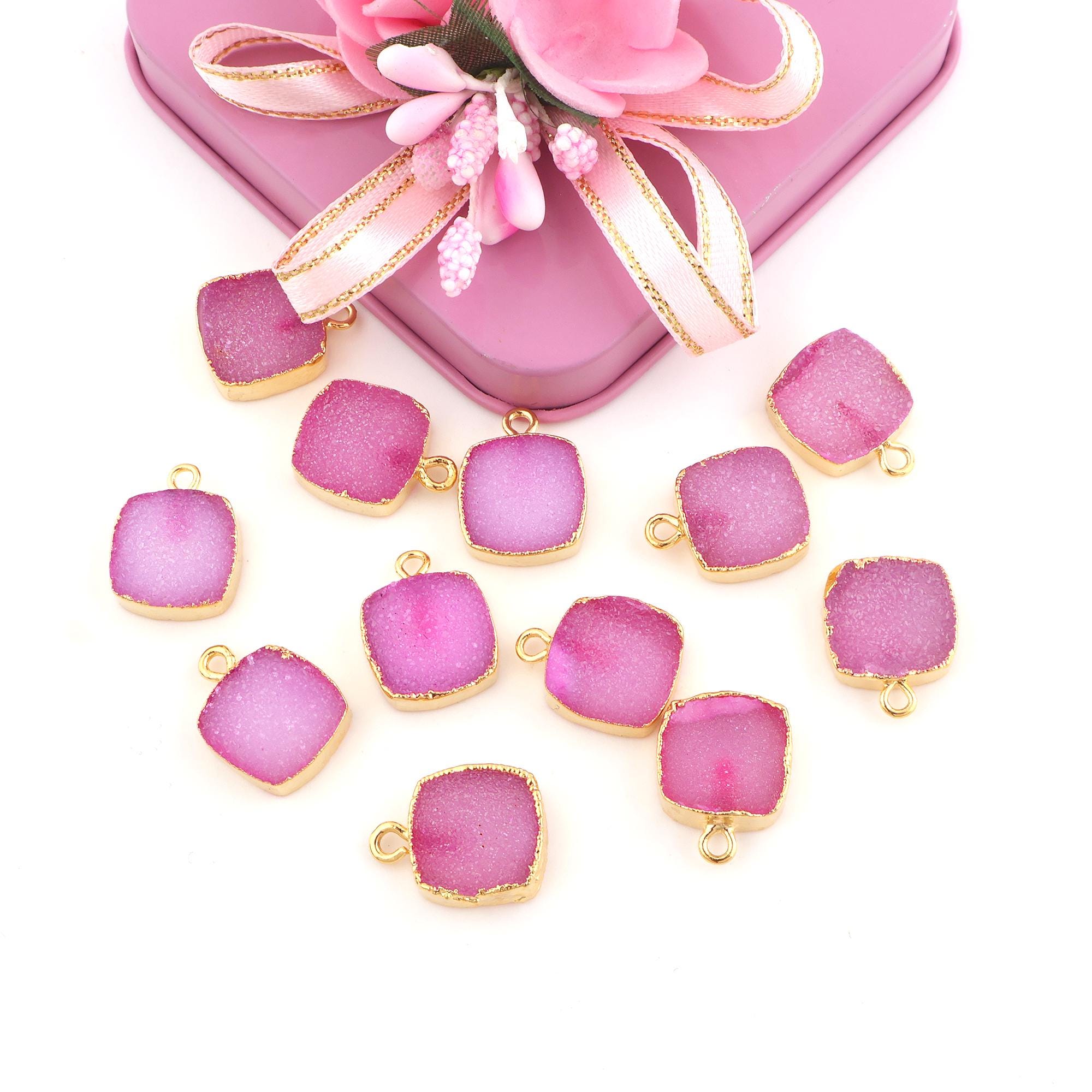 Pink Agate Druzy Connectors: Gold Electroplated Cushion Charms