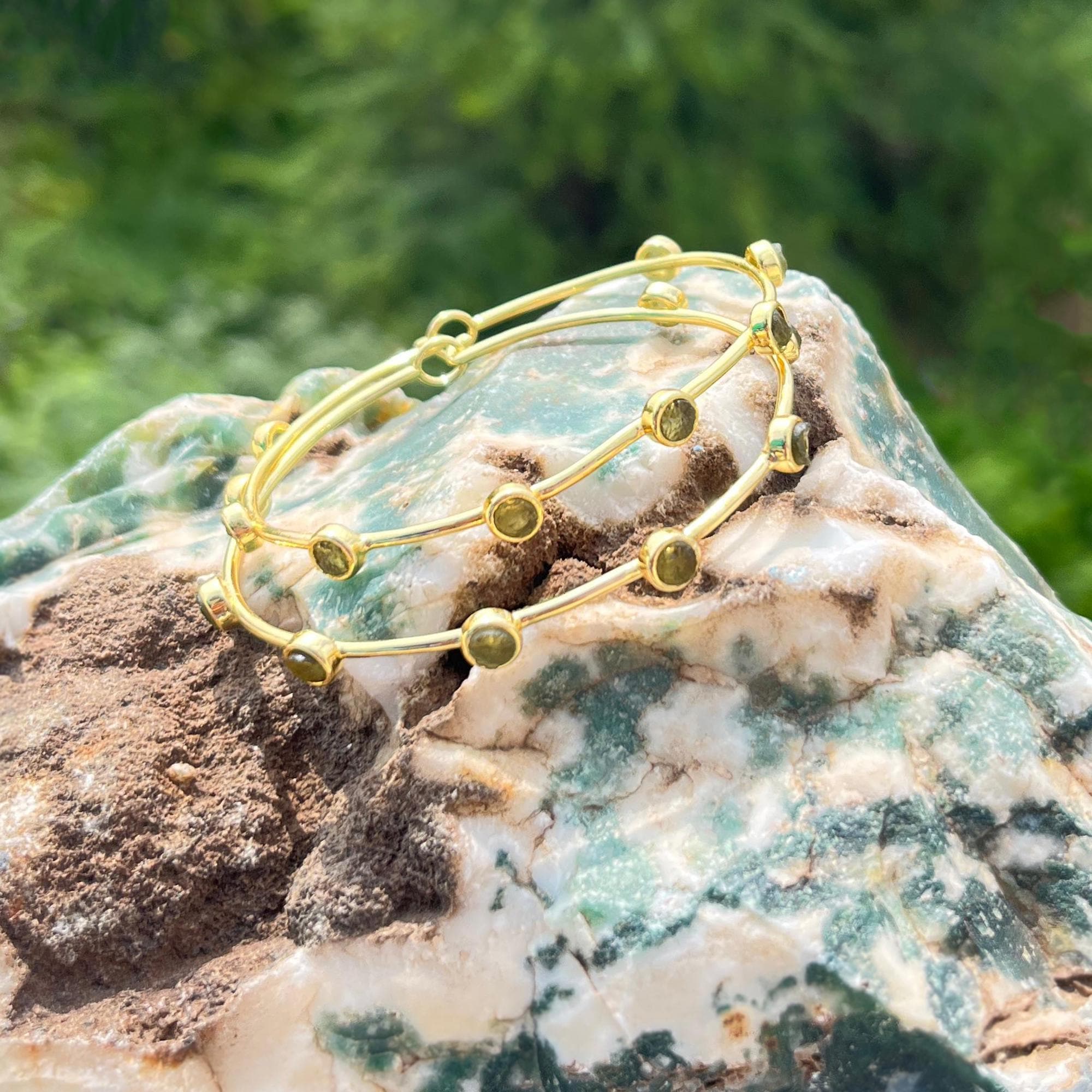 Raw Moldavite Multi Gemstone Gold-Plated Open Bangle - Round Shape Minimalist Bracelet