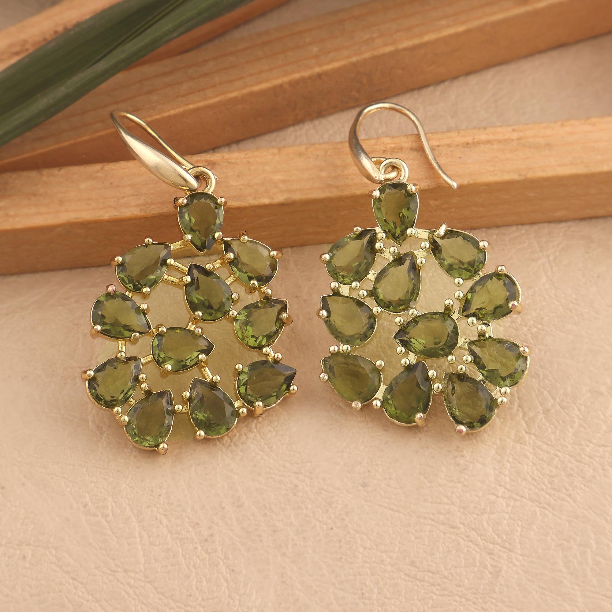 Gold Plated Moldavite Drop Earrings: Handmade Green Gemstone Jewelry