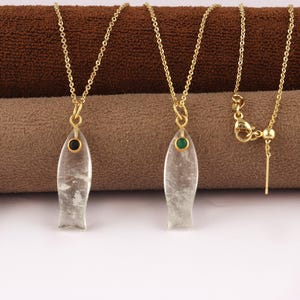 18k Gold Plated Crystal Quartz Fish Necklace, Gemstone Pendant with Tiny Stone Eye, Animal Fish Pendant, Cute Trendy Fish Necklace
