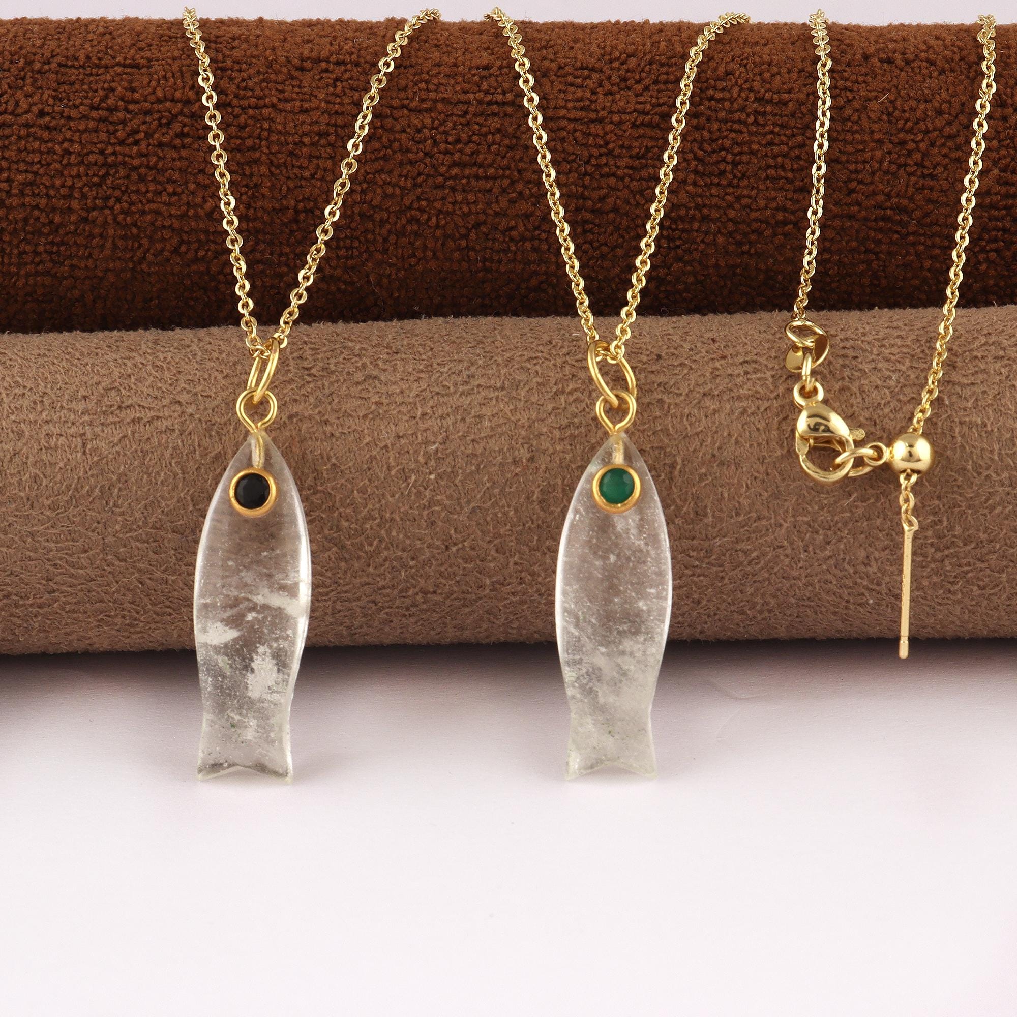 Gold Plated Crystal Quartz Fish Necklace: Gemstone Fish Pendant