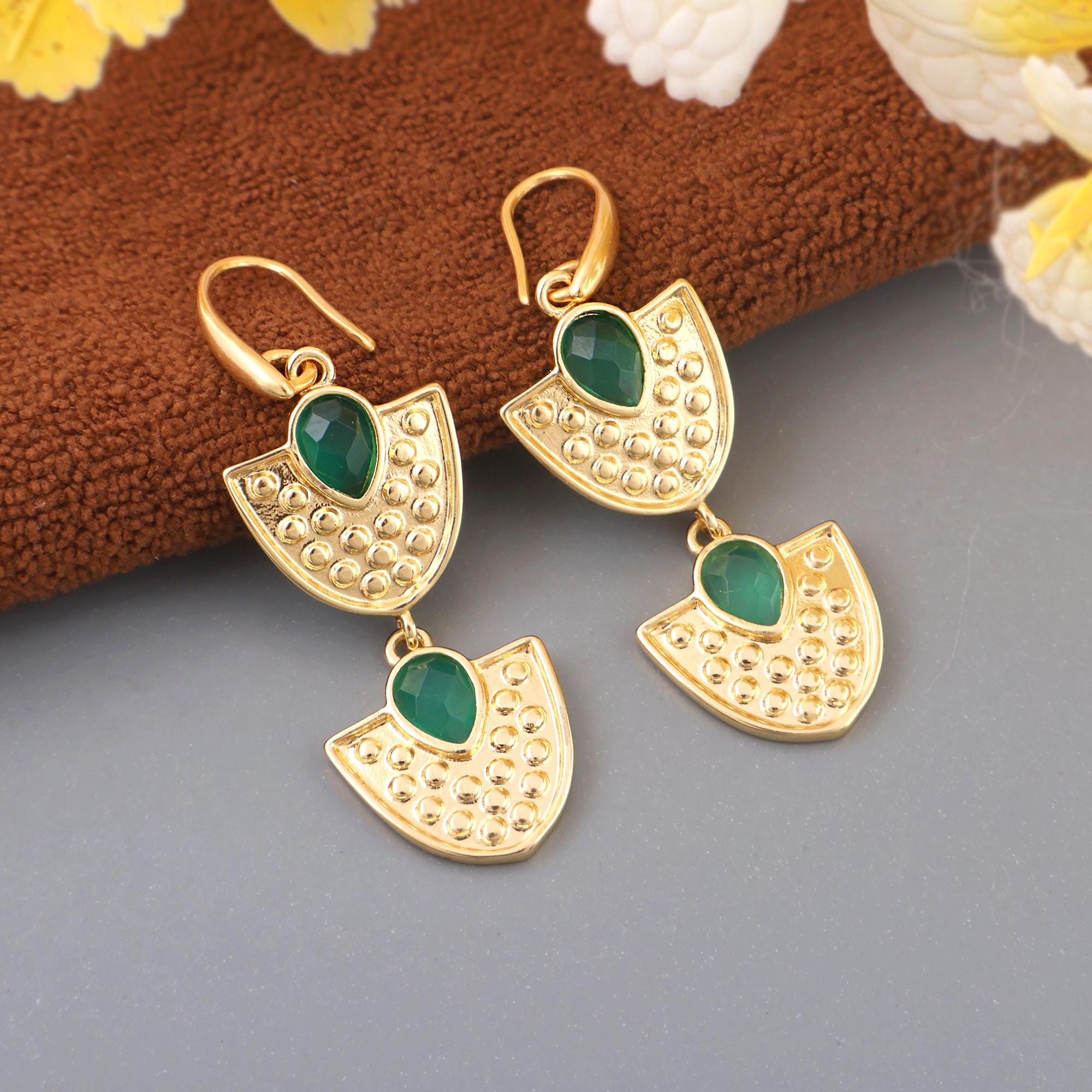 Gold Plated Brass Gemstone Earrings: Pear Drop Statement Earrings