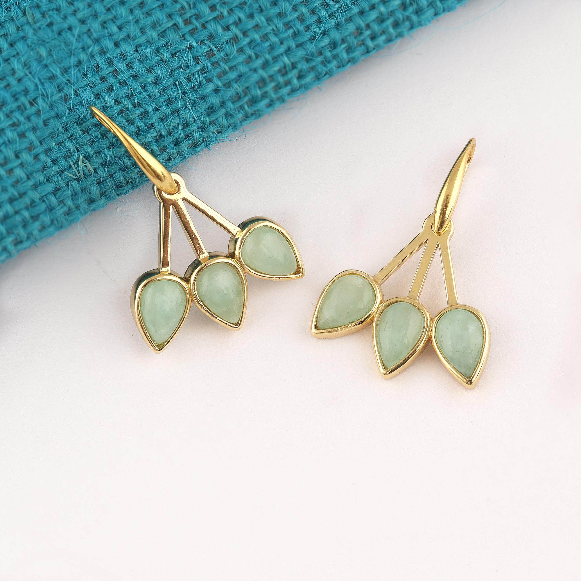 Amazonite Leaf Drop Earrings: Gold Plated Brass, Handmade Wedding Jewelry