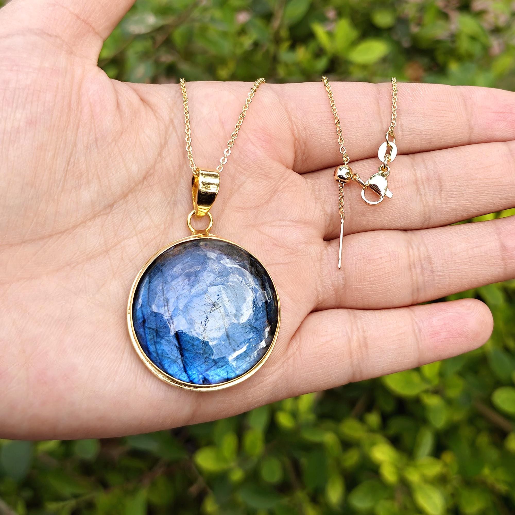 Blue Flashy Labradorite Round Pendant: 18k Gold Plated Handmade Boho Minimalist Necklace Fashion Jewelry