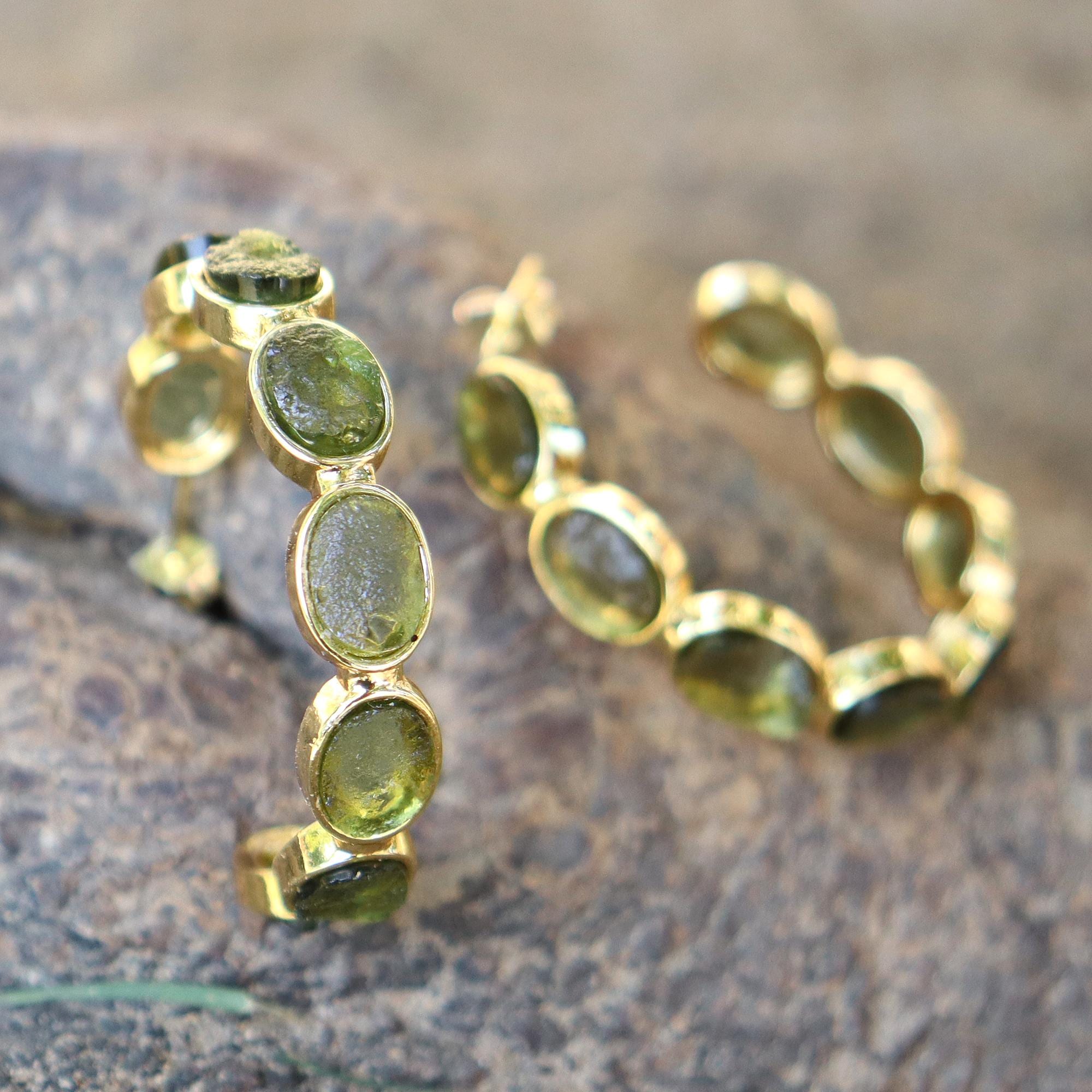 18k Gold-Plated Moldavite Hoop Earrings: Green Gemstone Jewelry