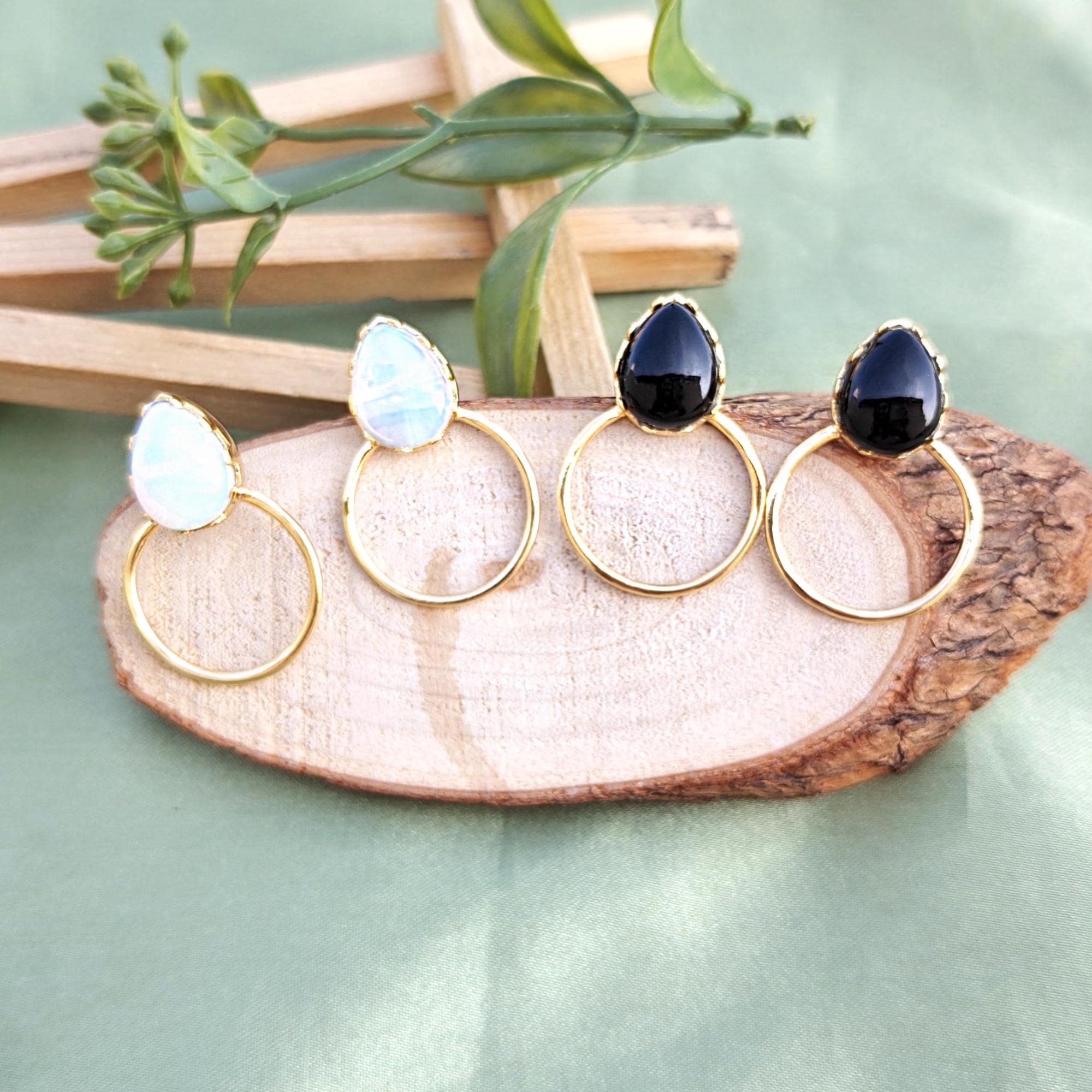 Teardrop Gemstone Hoop Earrings: 18k Gold Plated Brass Handmade Studs Hoops