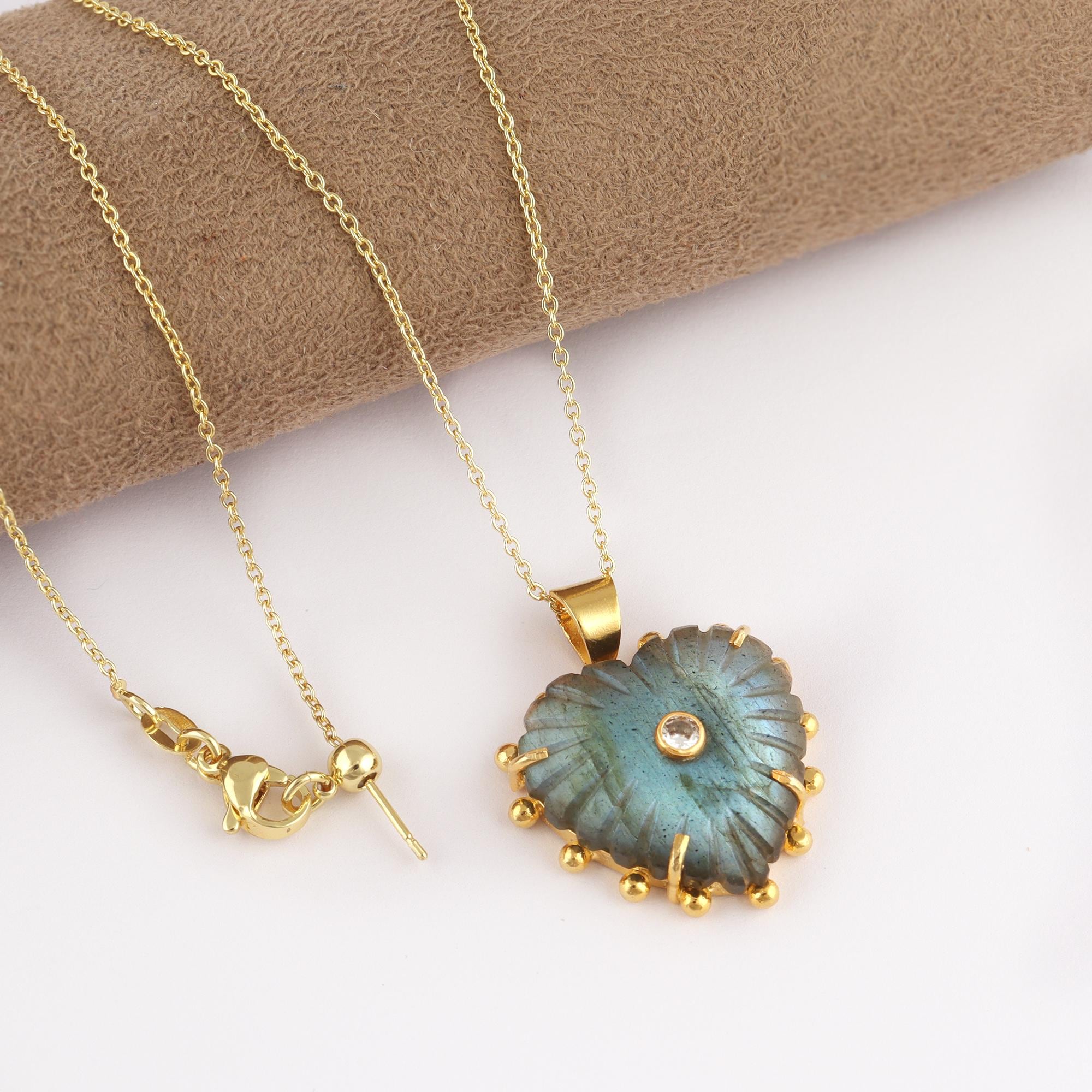 Hand Carved Labradorite Heart Charm Pendant: Gold Plated Blue Fire Gemstone With CZ Accent Necklace Jewelry