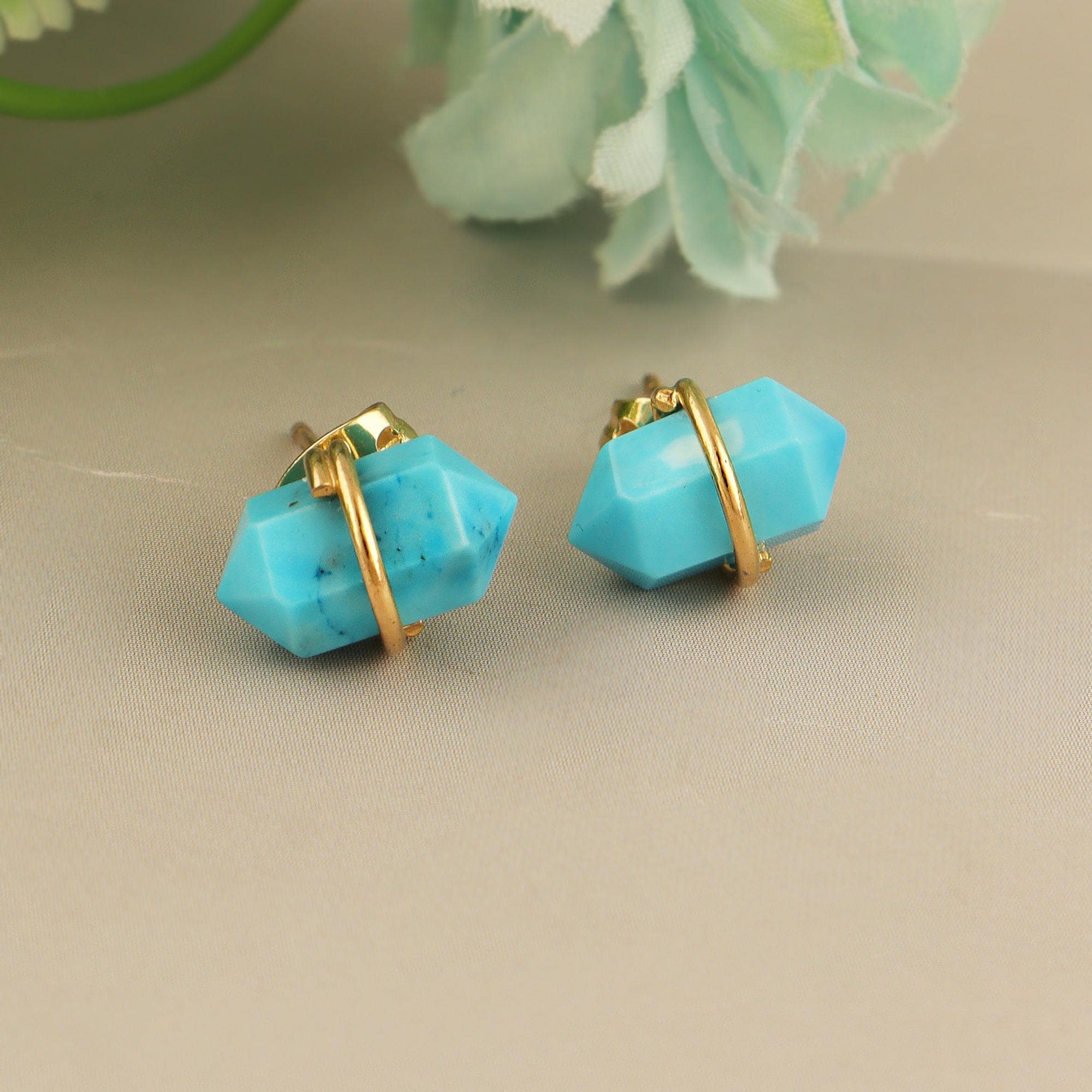 Turquoise Hexagon Stud Earrings: Gold Wire Wrapped Geometric Jewelry