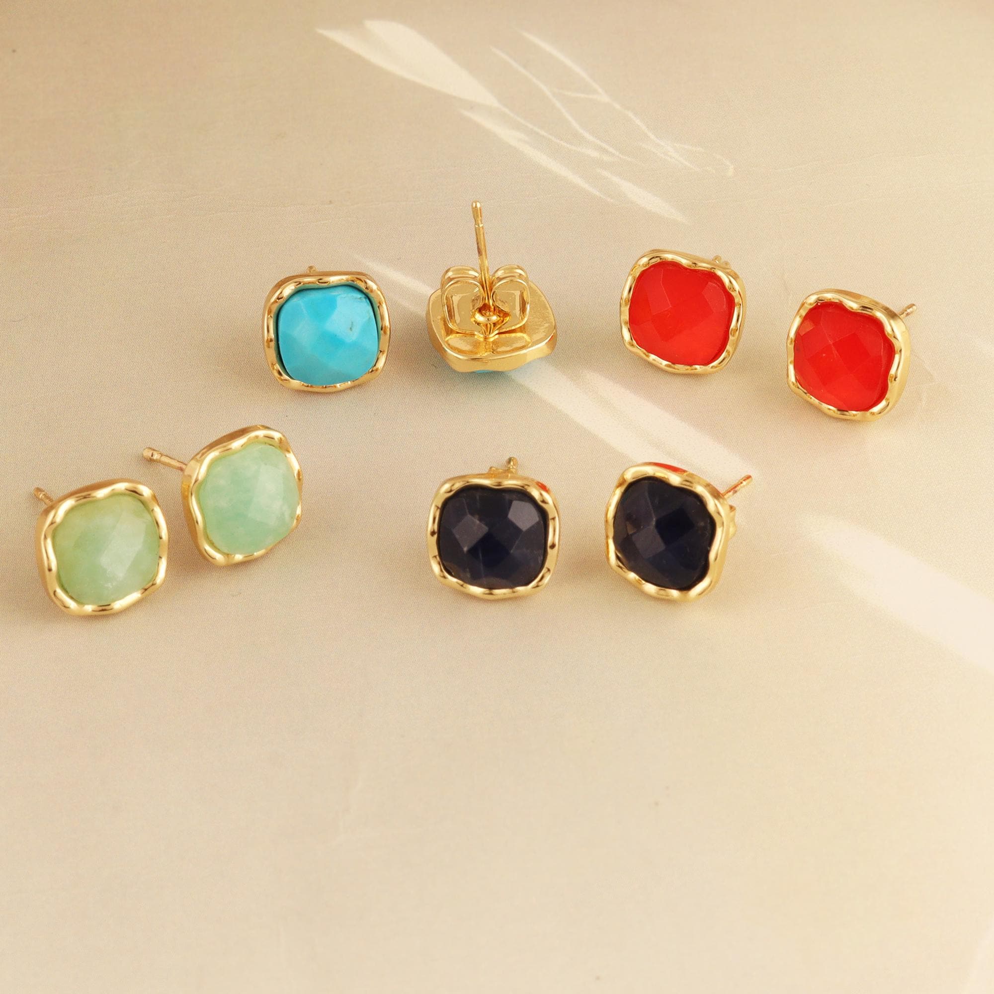 Turquoise Cushion Cut Stud Earrings: 18k Gold Plated Minimalist Gemstone