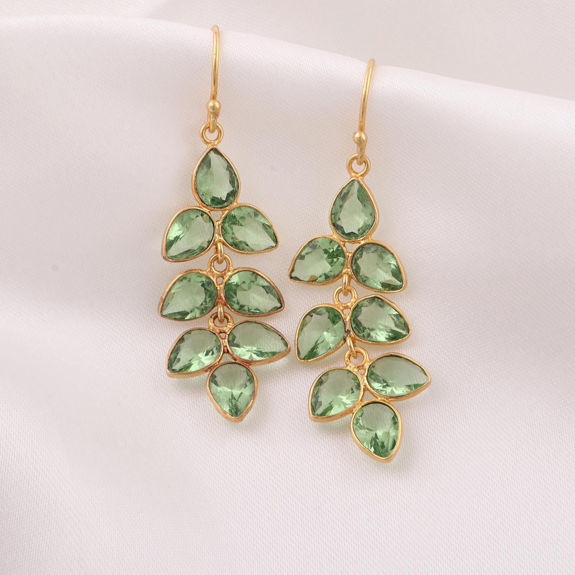 Green Amethyst Leaf Drop Earrings: Gold Plated Brass Bezel Jewelry