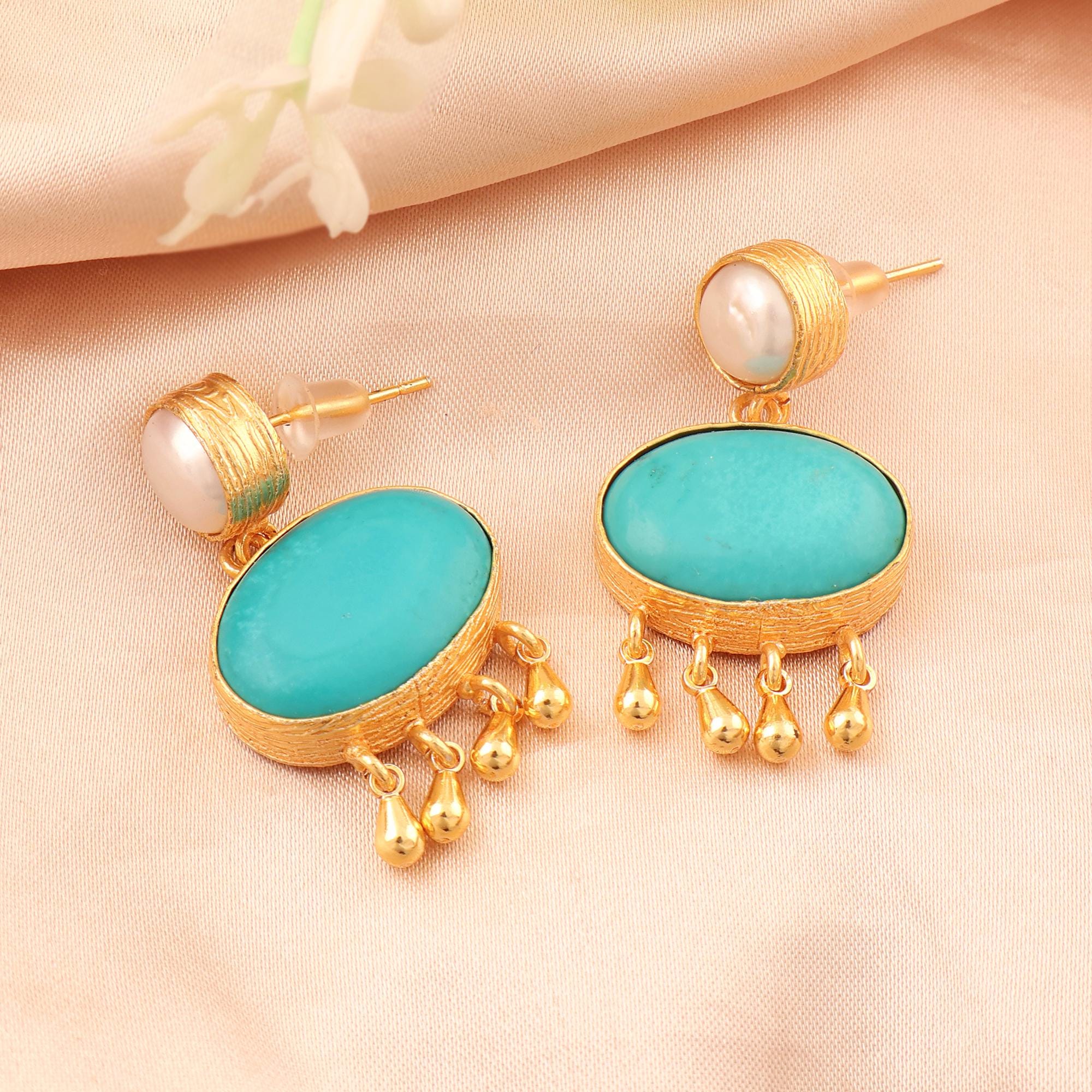 Gold Plated Turquoise & Pearl Fringe Drops Earring: Modern Vintage Mediterranean Style Textured Statement