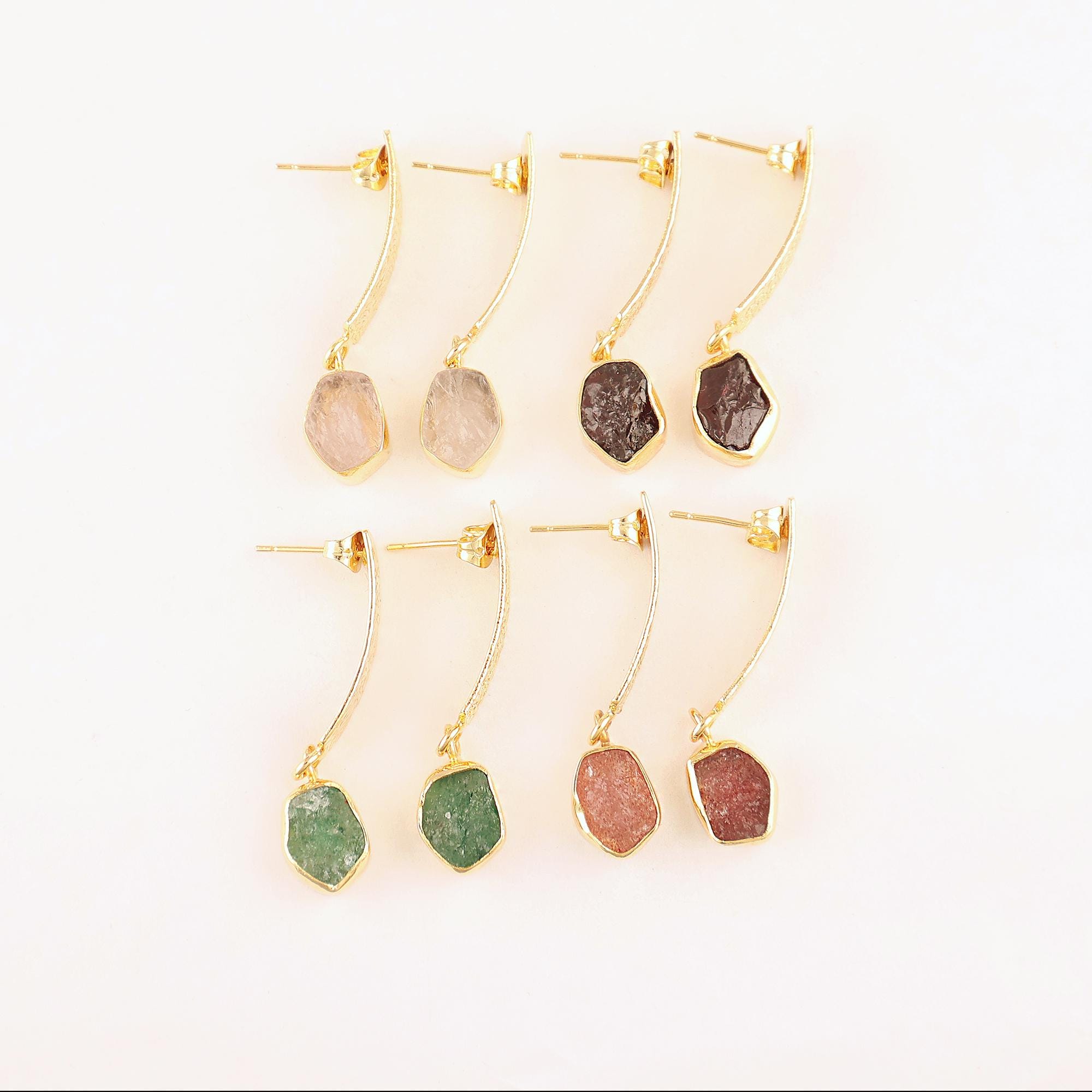 Raw Gemstone Dangle Drop Earrings: Gold Plated Natural Stone Minimal Everyday Jewelry