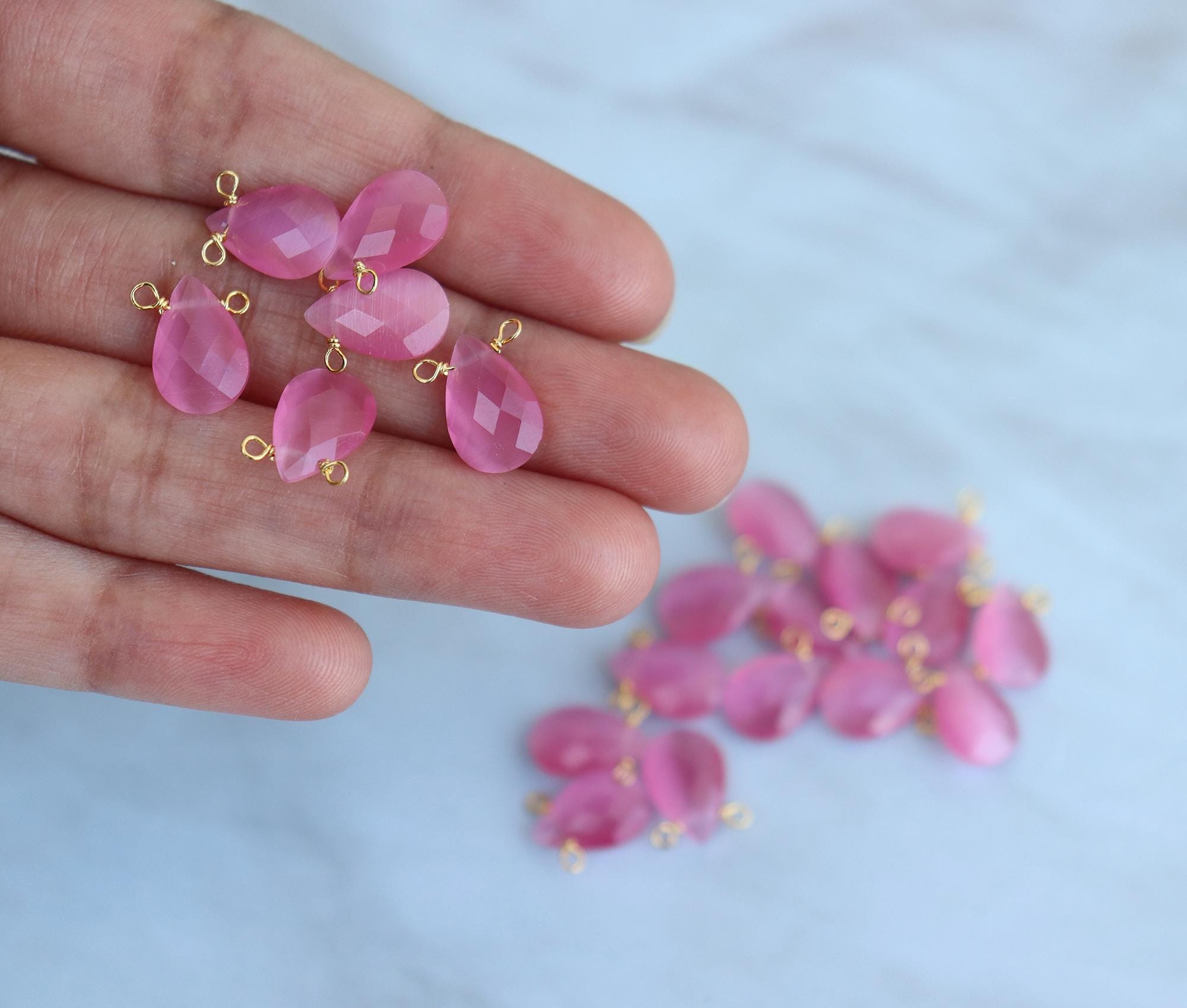 Pink Cat's Eye Teardrop Charms: 18k Gold Plated Connectors (8x12mm)