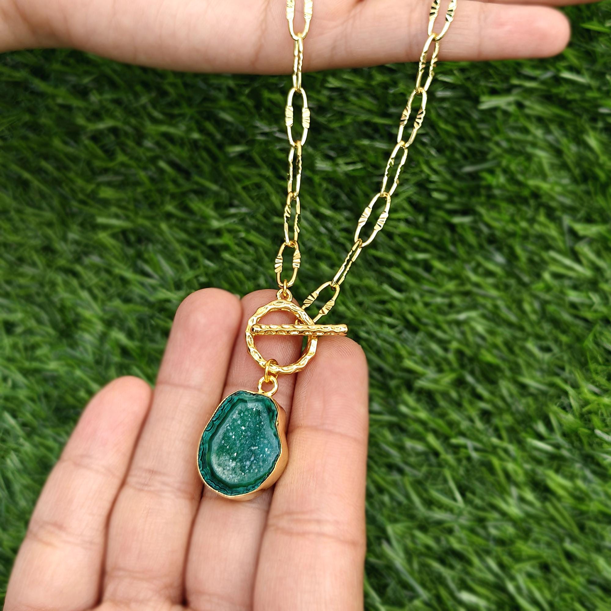 Raw Geode Druzy Necklace: Gold Plated Paper Clip Linked Chain