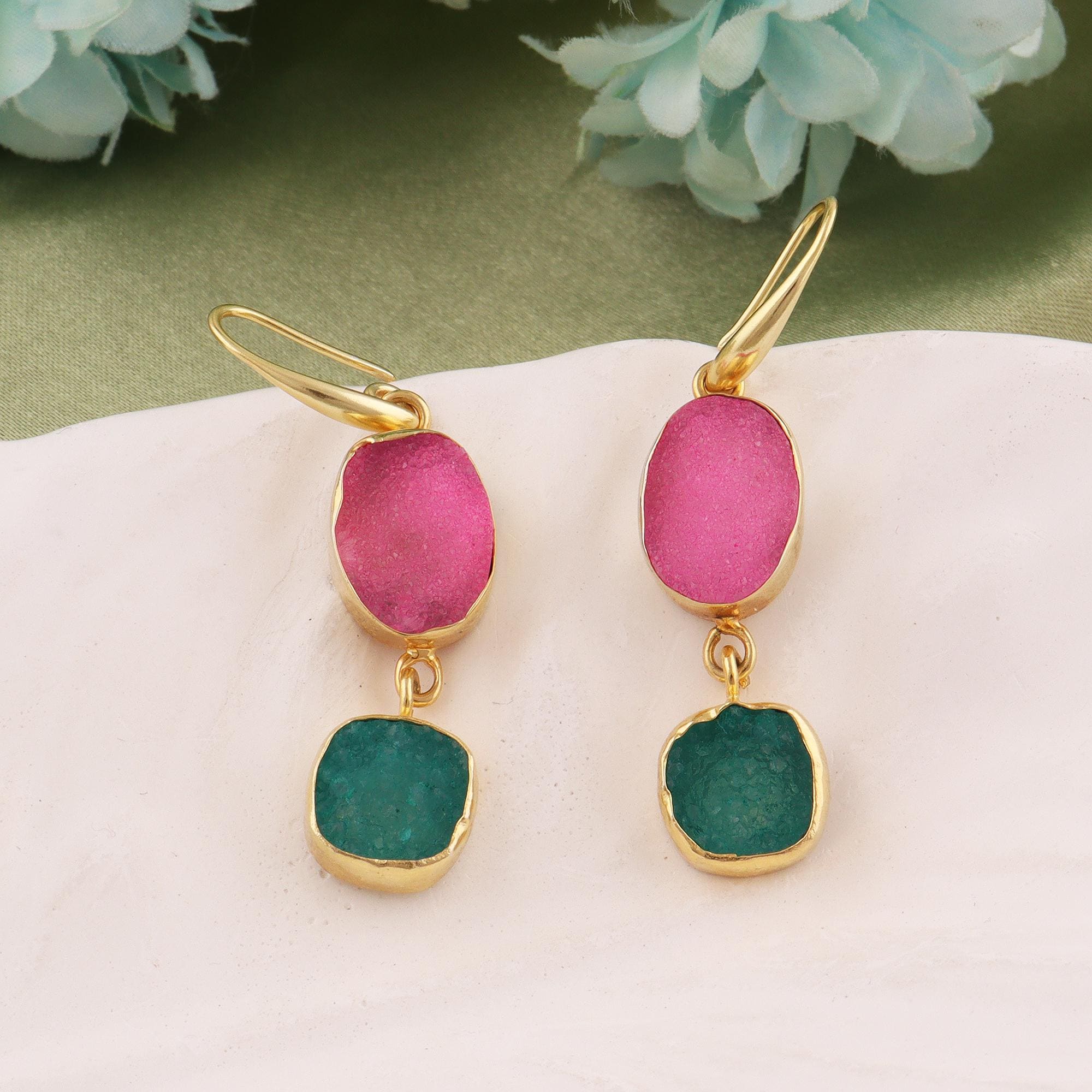 Gold Plated Dangle Earrings with Pink & Green Sugar Druzy Gemstone - Handmade Statement Sparkling Earrings