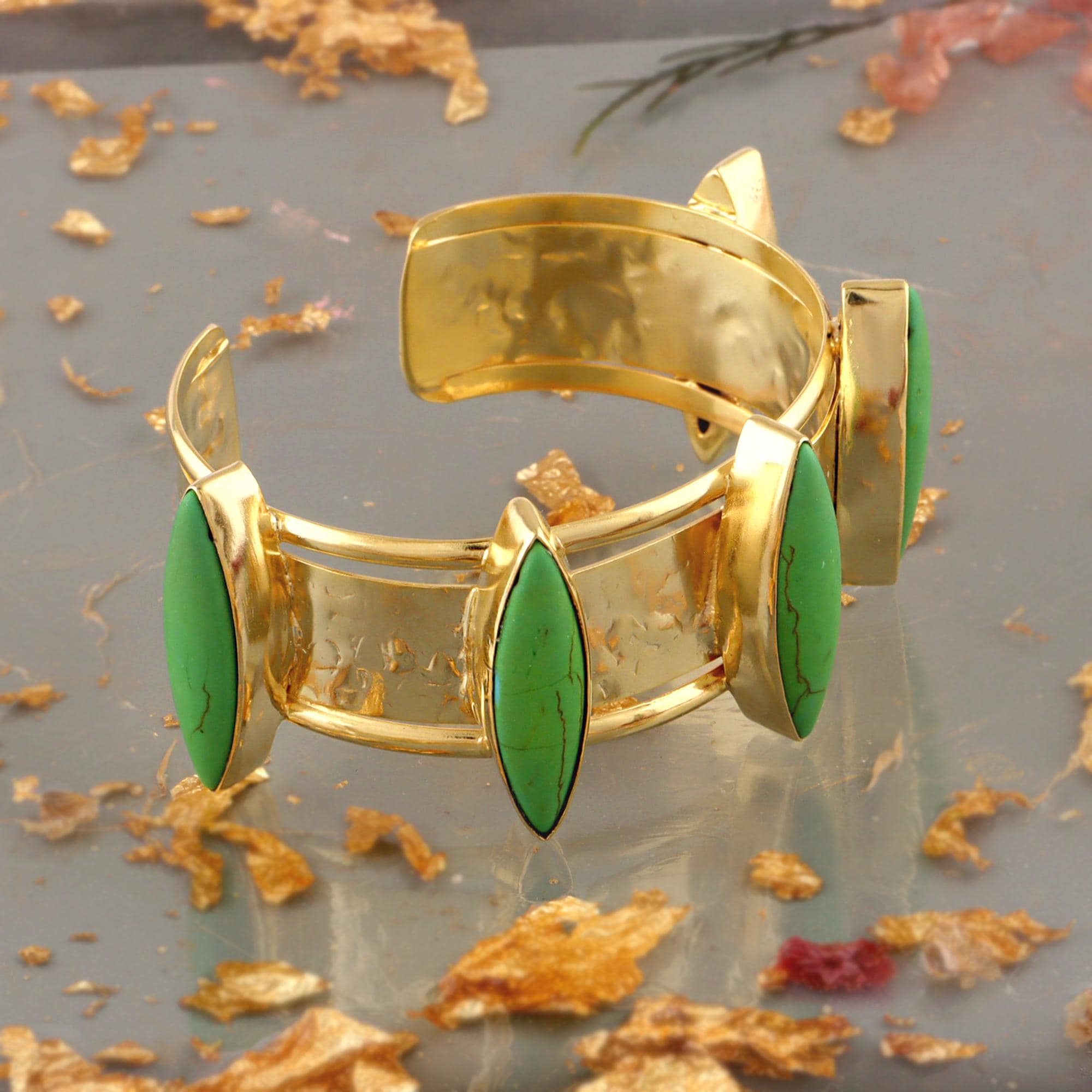 Peridot Copper Turquoise Statement Cuff: 18k Gold Plated Hammered Wide Open Band Bracelet