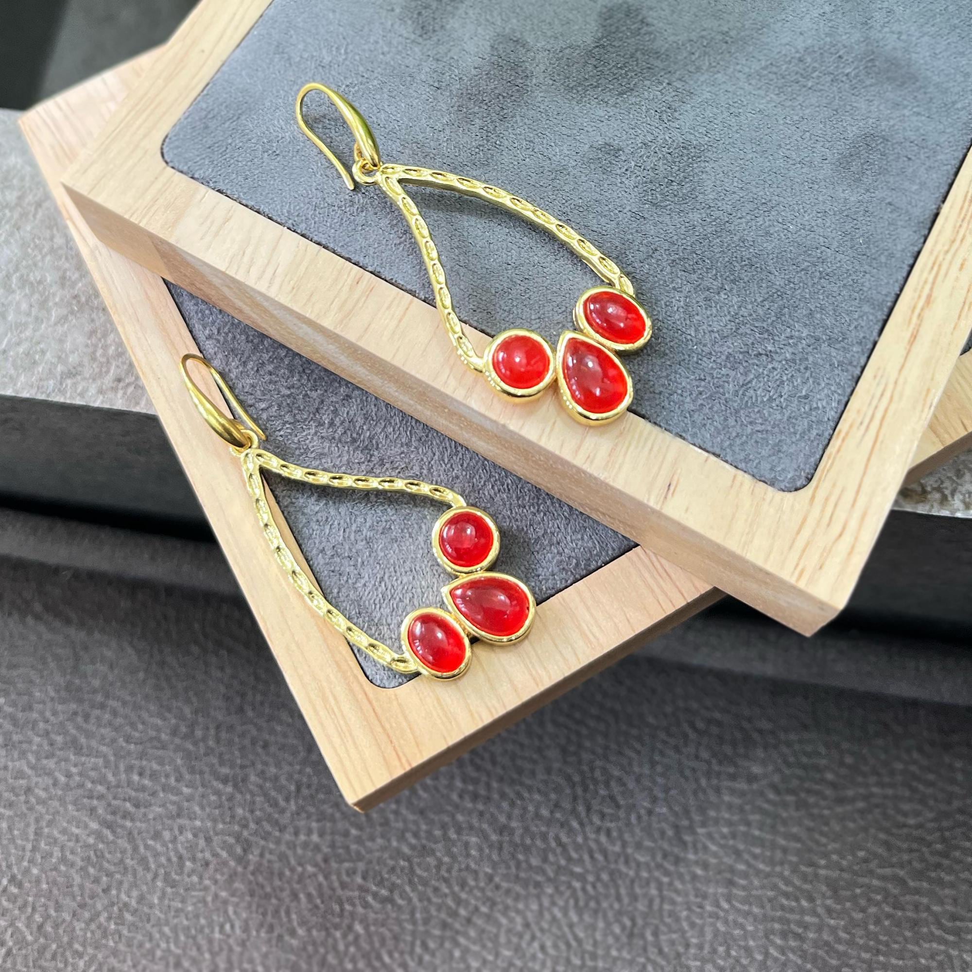 Red Jade Drop Leaf Statement Earrings: Gold Plated Dangles