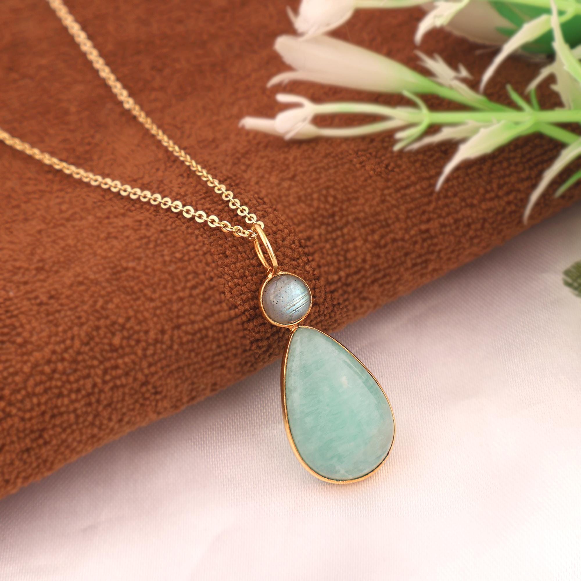 Amazonite & Labradorite Drop Pendant Necklace: Blue Flash Gemstone Boho Minimal Jewelry