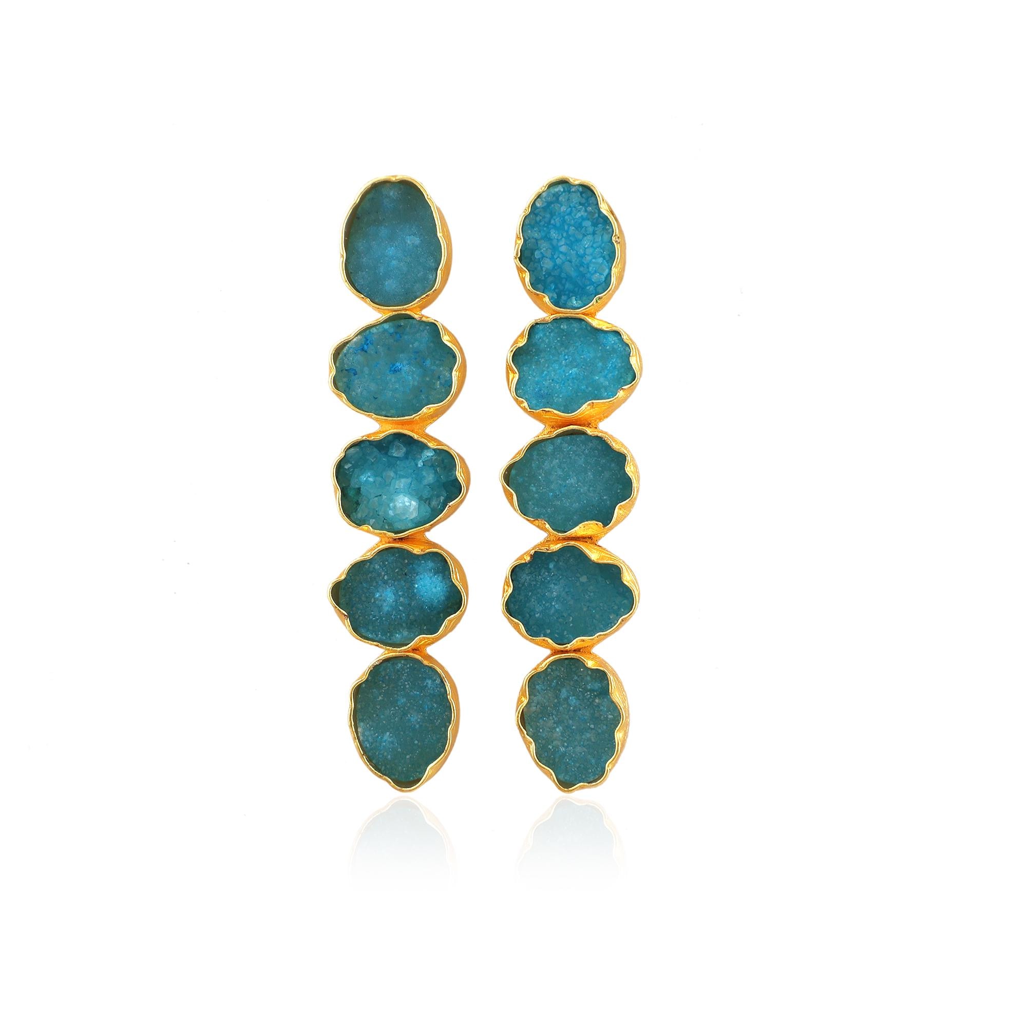 Gold Plated Agate Druzy Earrings: Crystal Blue Gemstone
