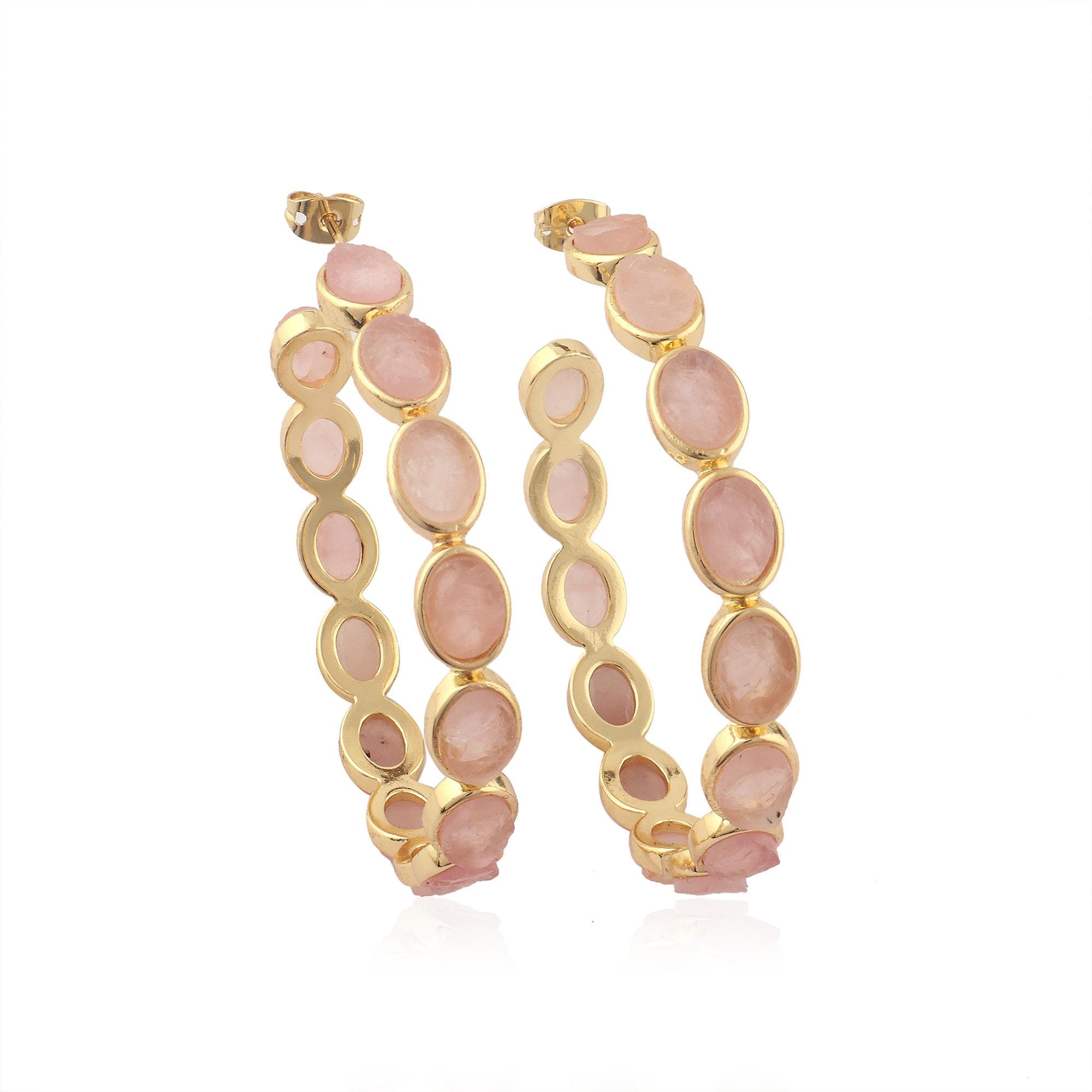 Large Gold-Plated Rose Quartz Hoop Earrings: Elegant Raw Crystal Gemstone