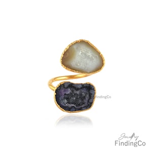 Blue Double Geode Ring - Druzy Statement Ring - Unique Ring - 18k Gold Plated Adjustable Ring - Crystal Druzy Ring - Boho Open Ring