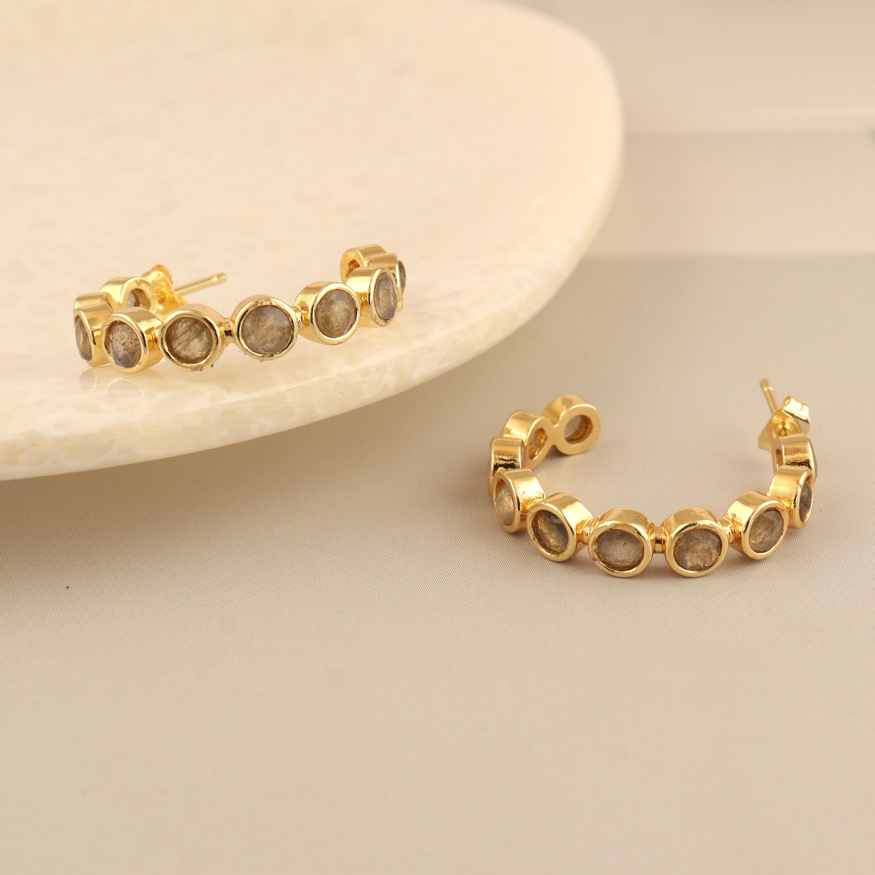 Labradorite Hoop Earrings: 18k Gold Plated Brass, Gemstone Studs