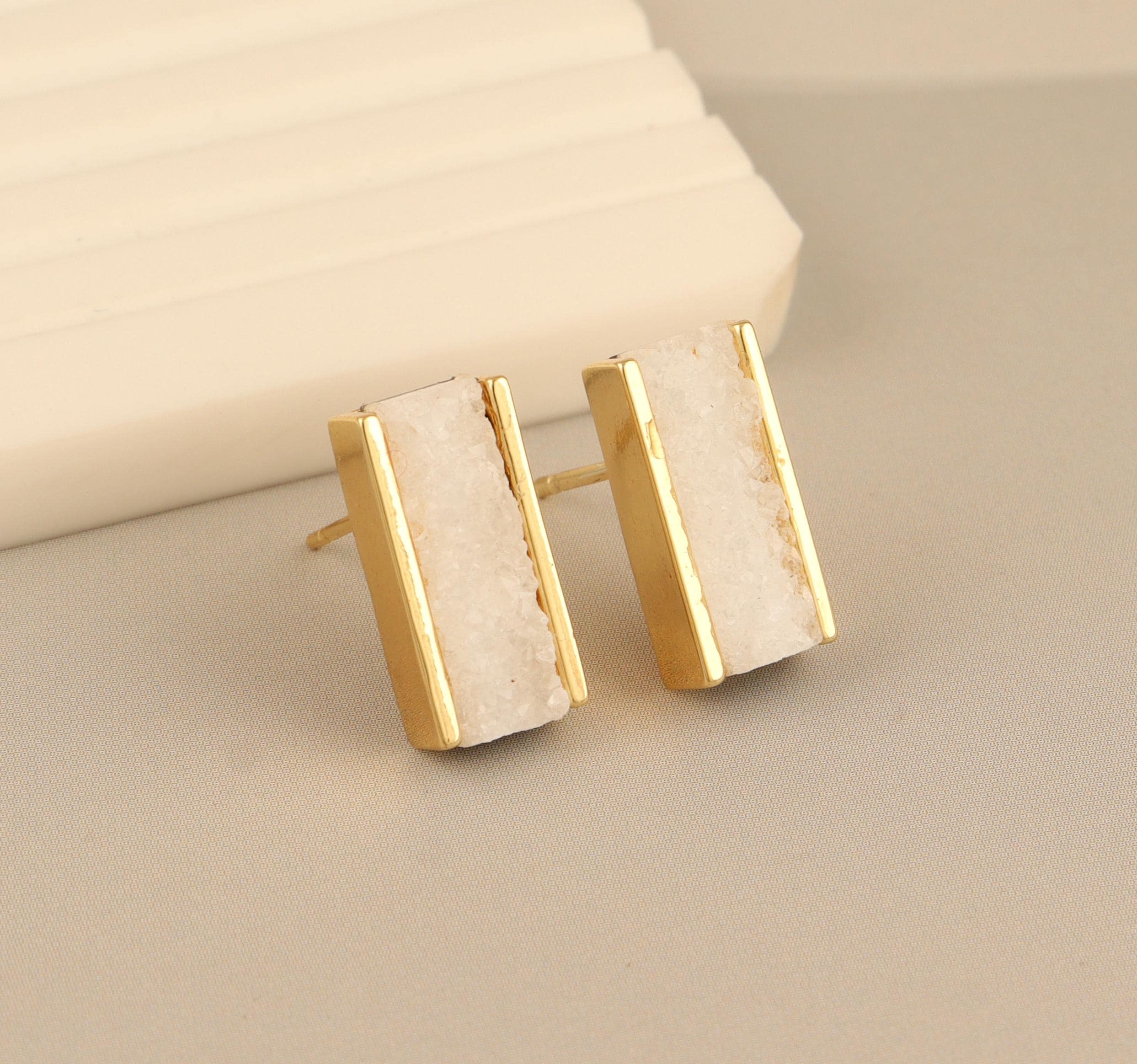 White Druzy Bar Stud Earrings: Gold Plated Brass Statement Fashion Jewelry