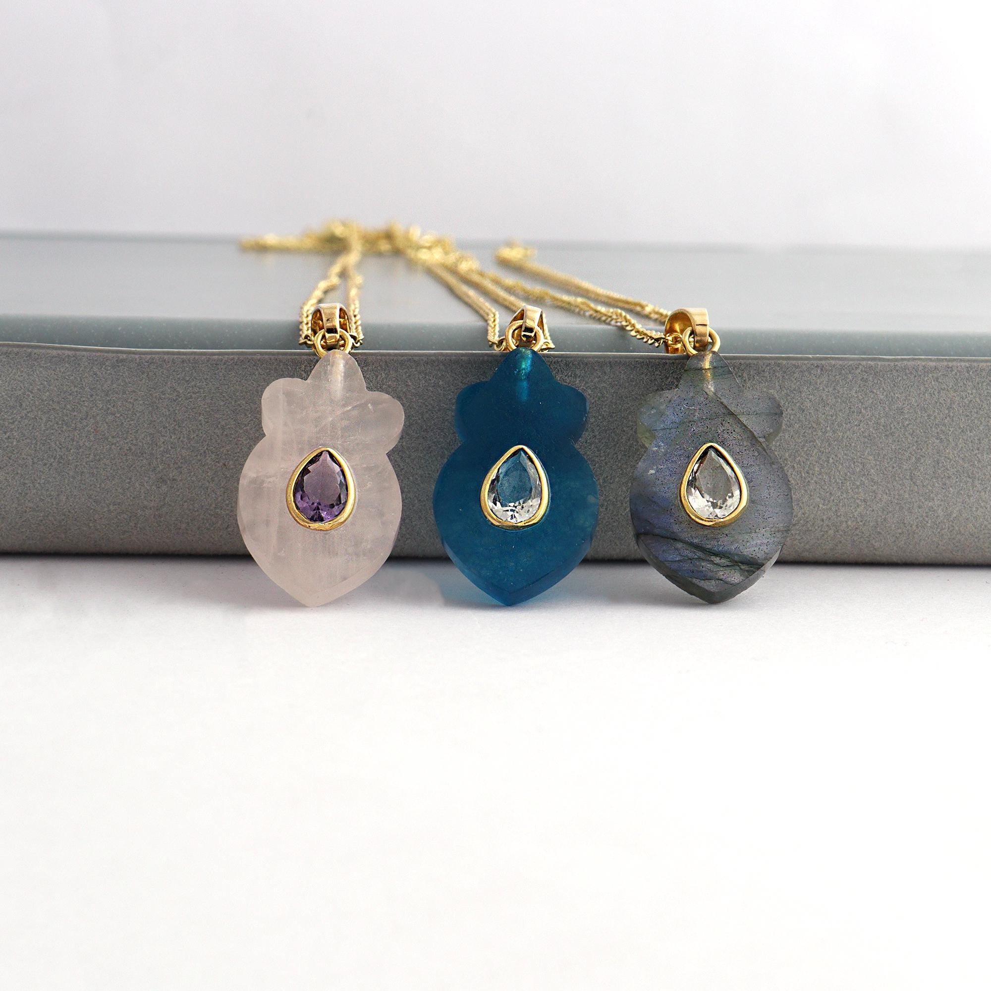 Hand Carved Raw Gemstone Pendant: Gold-Plated Cable Chain With Pear CZ Accent Necklace