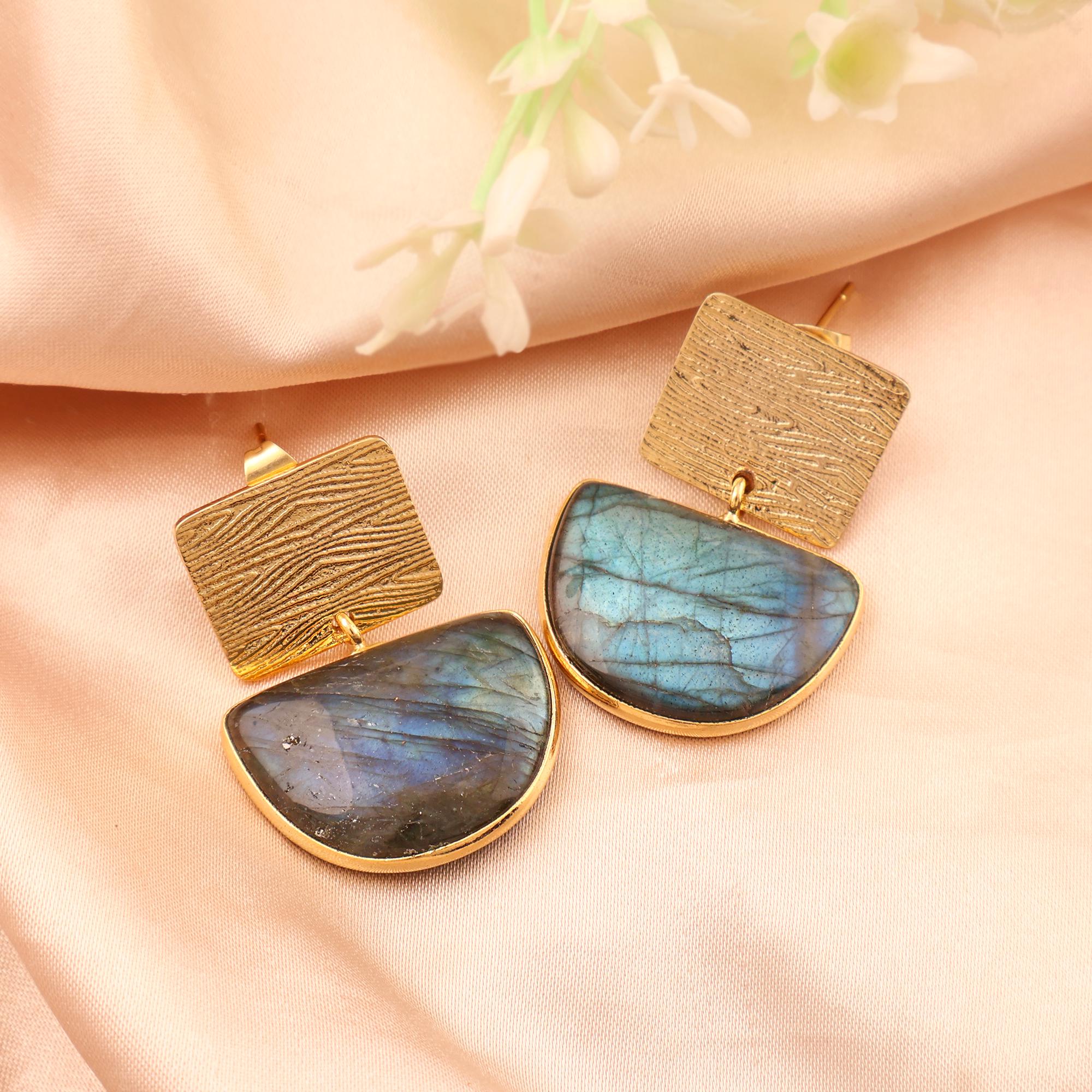 Labradorite Half-Moon Drops: Gold Plated Brass Textured Earrings