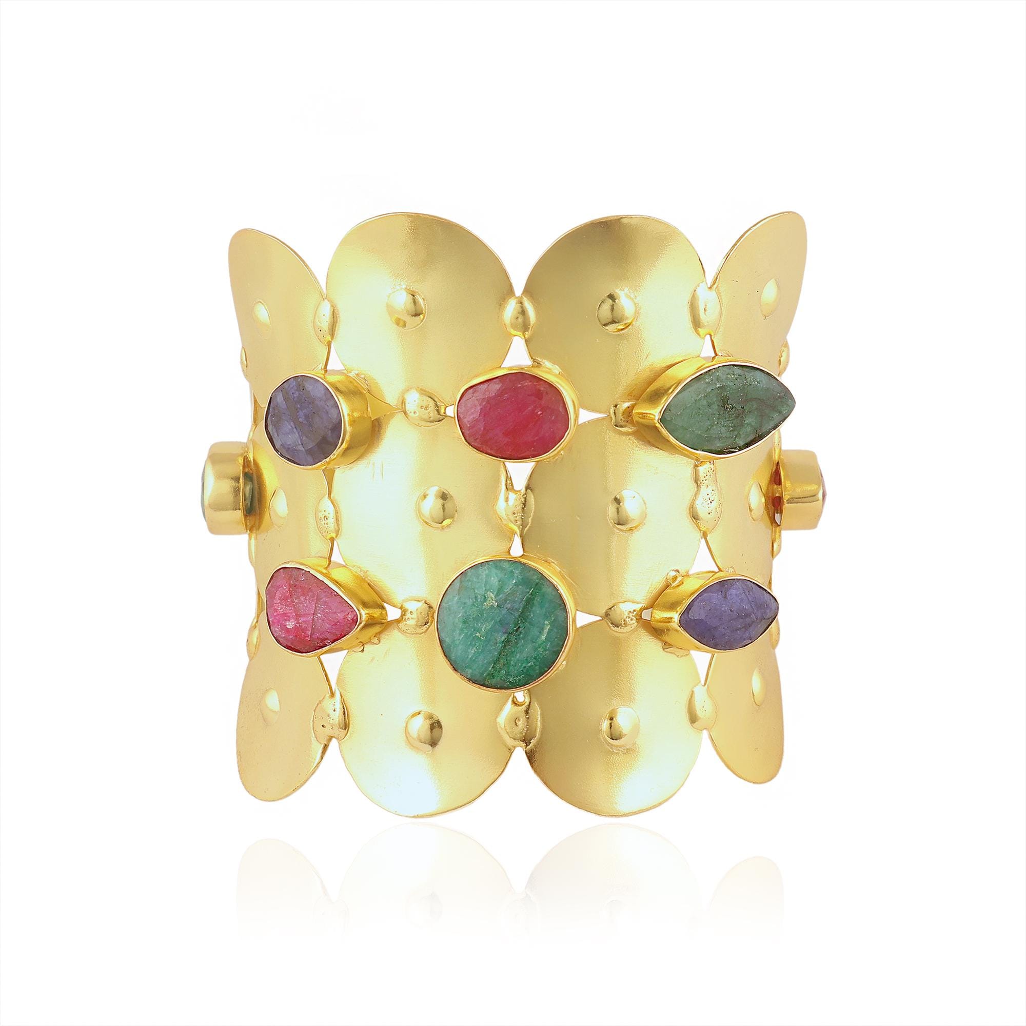 Dyed Emerald Ruby Sapphire Colorful Stone Cuff Bracelet – Gold Plated Brass Wide Statement Bangle