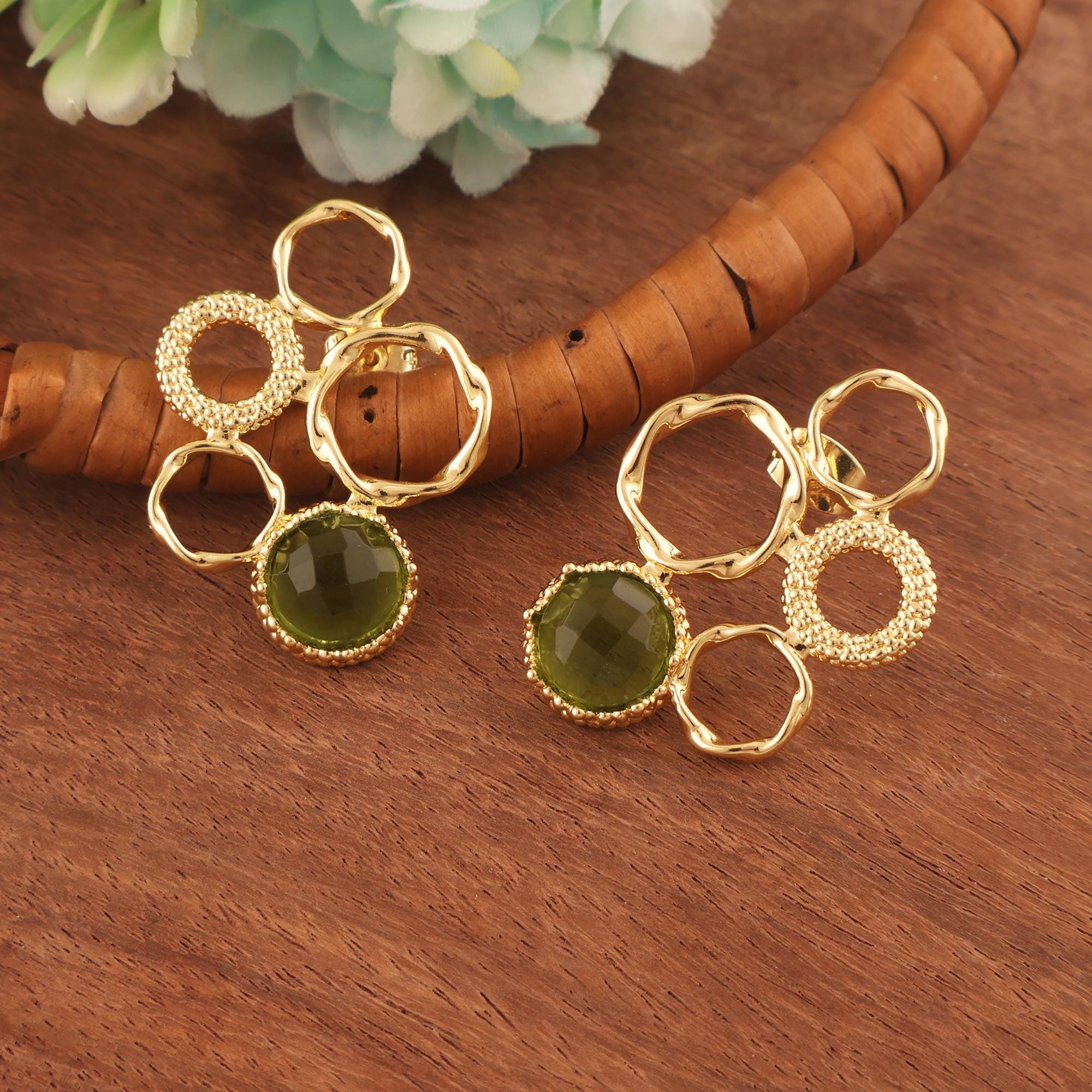 Gold Plated Moldavite Drop Earrings: Multi Circle Green Gemstone Studs