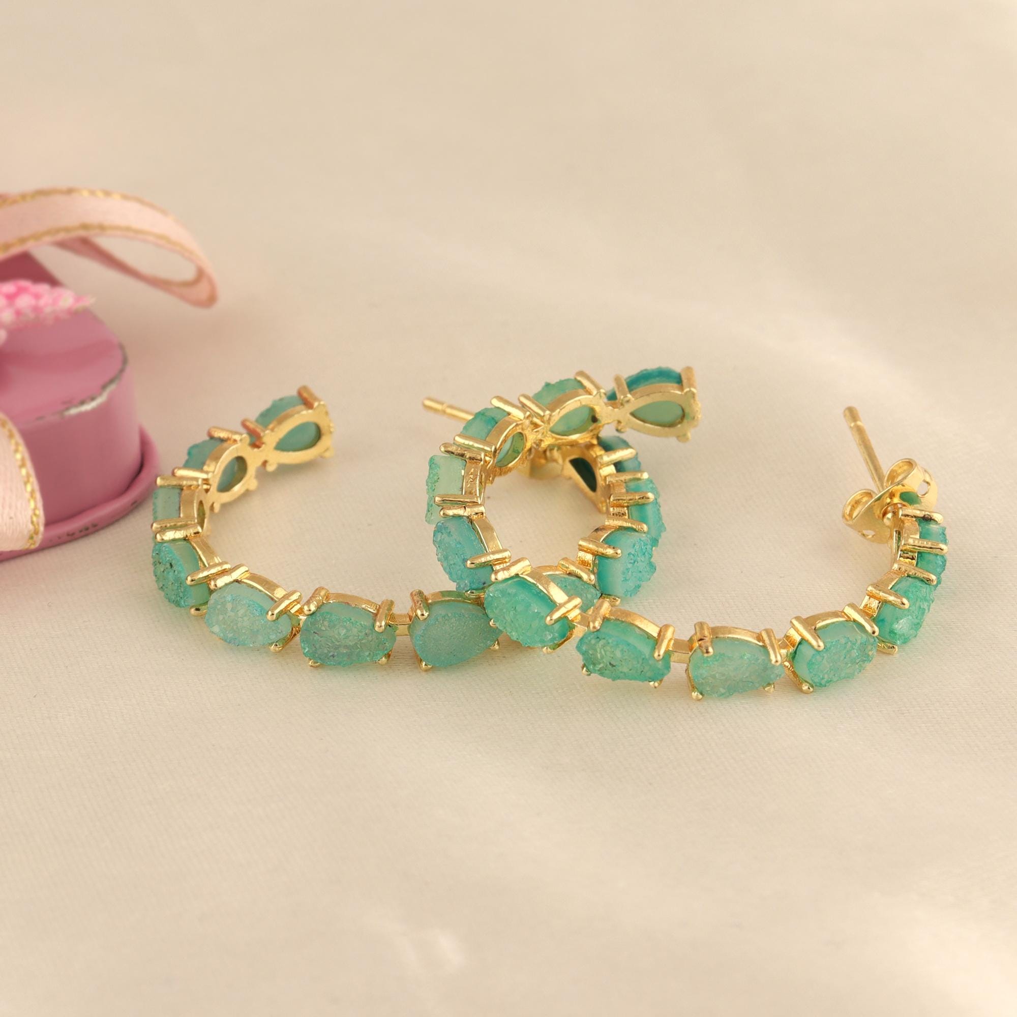 Natural Agate Druzy Hoop Earrings - Handmade Teardrop Studs Sugar Druzy Gemstone