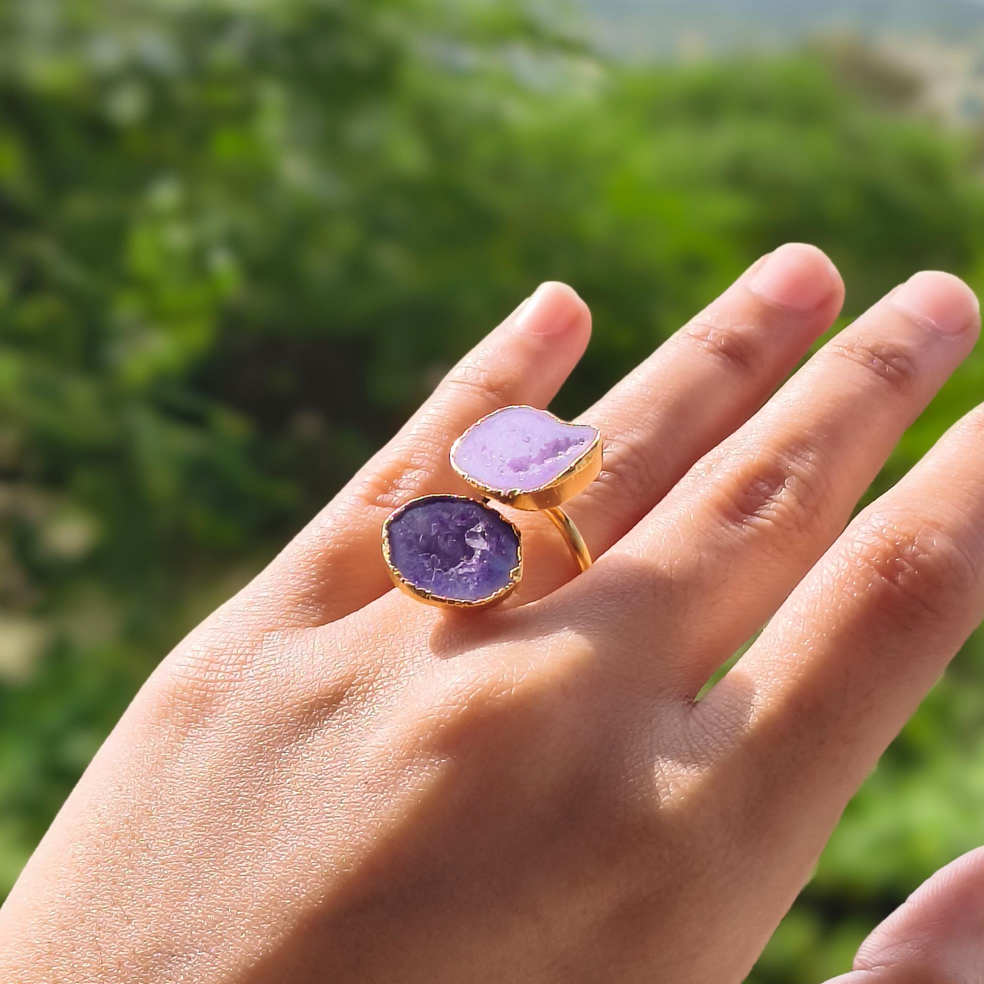 Blue & Purple Agate Druzy Ring: 18k Gold Plated Adjustable Band