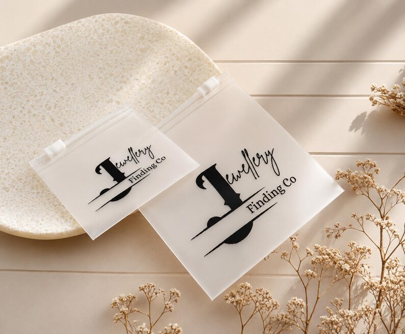 May include: Two square, semi-transparent frosted plastic pouches with white zipper closures. Each pouch features a black printed logo that reads Jewellery Finding Co with a stylized letter J. The pouches are arranged in a small and large size format.