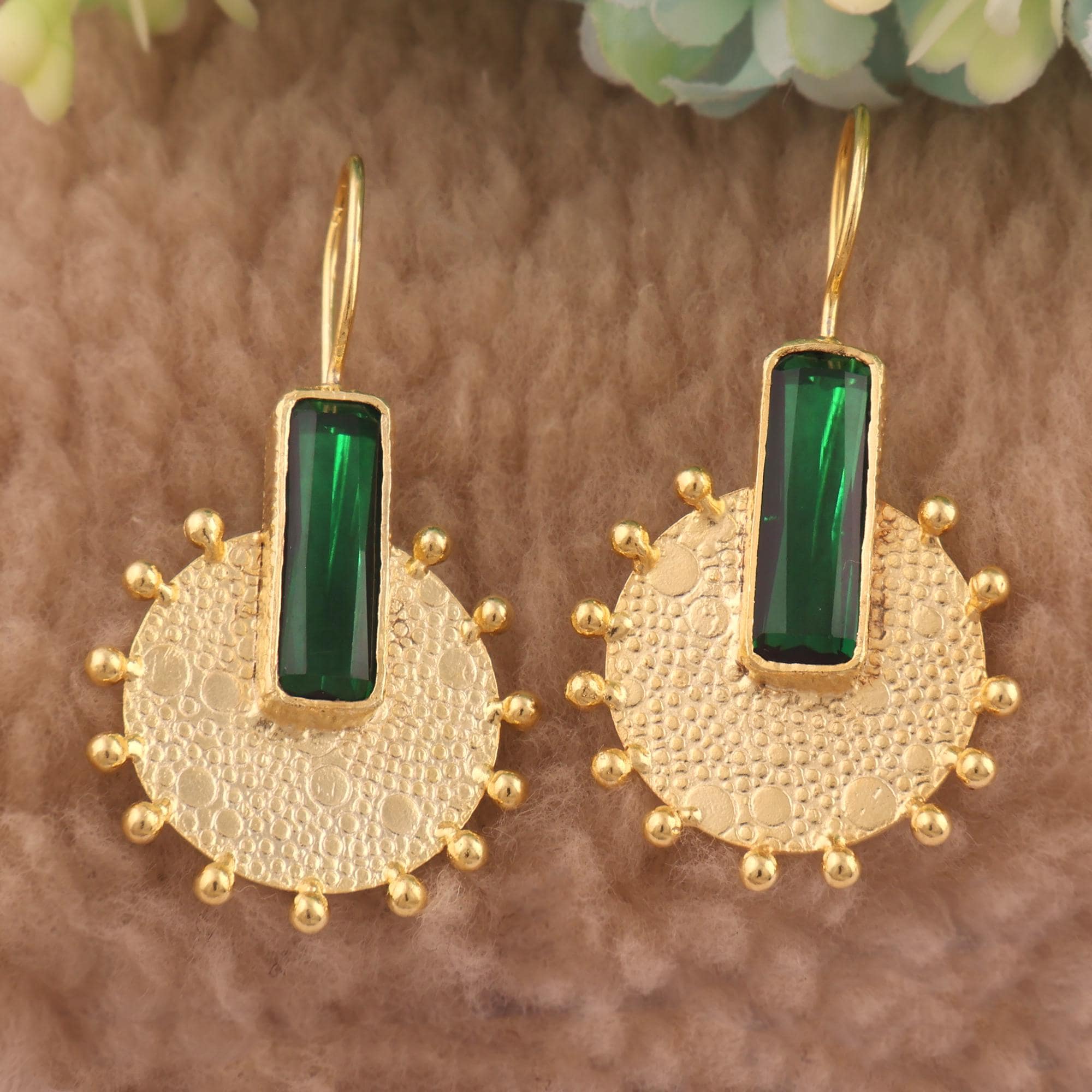 Bar Emerald Quartz Gemstone Sun Earrings - Textured Gold Plated hook Earring