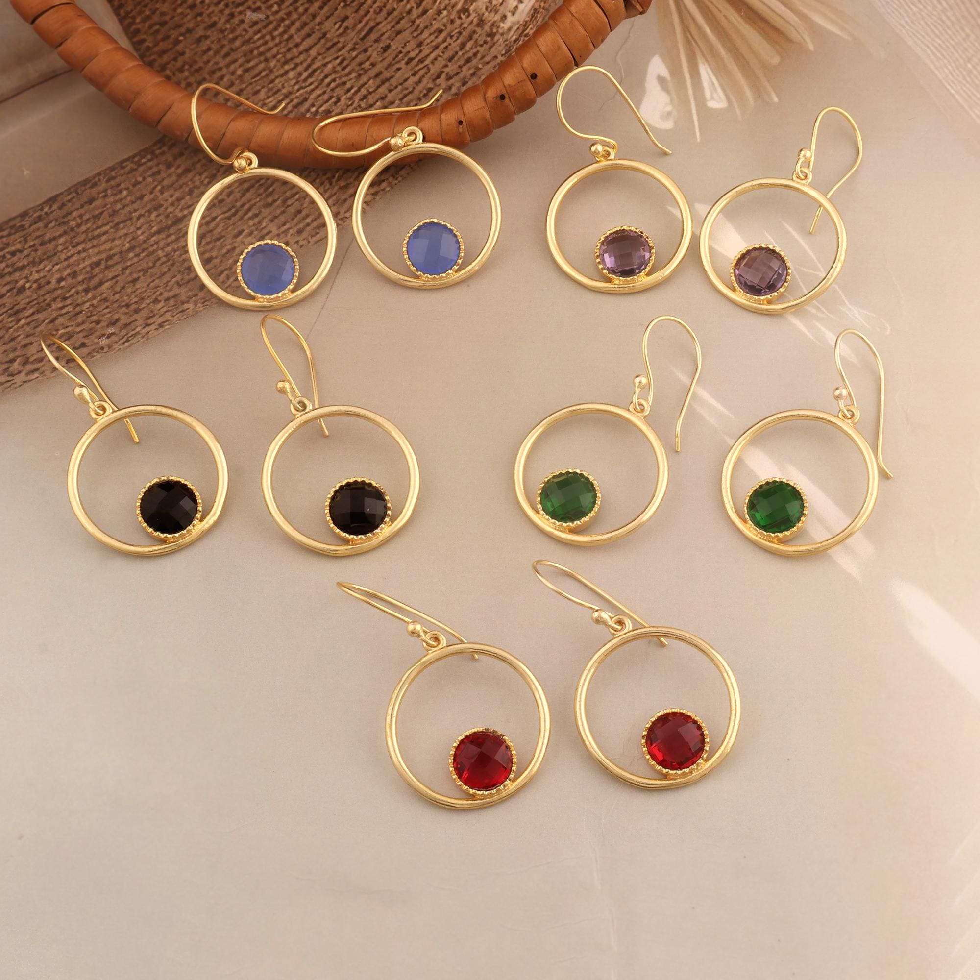 Gold Quartz Gemstone Circle Drop Earrings: Minimalist Gold Dangle Earrings