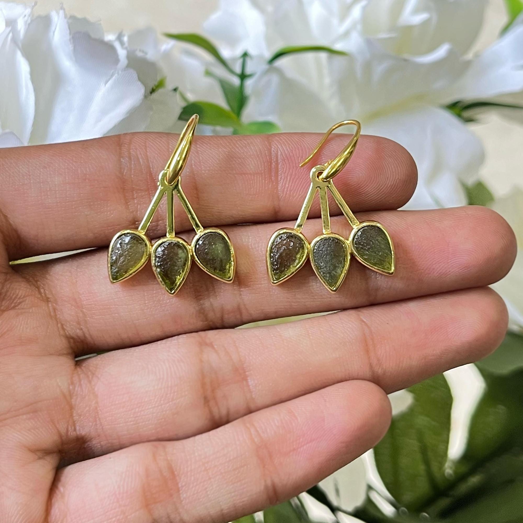 Moldavite Leaf Earrings: Gold Plated Brass, Dainty Bridal Jewelry