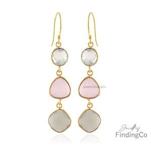 Faceted Chalcedony Gemstone Hook Earring, Birthstone Earrings, Gold Plated Gemstone Dangle Drop Earrings, Gift For Love, Gift For Mother