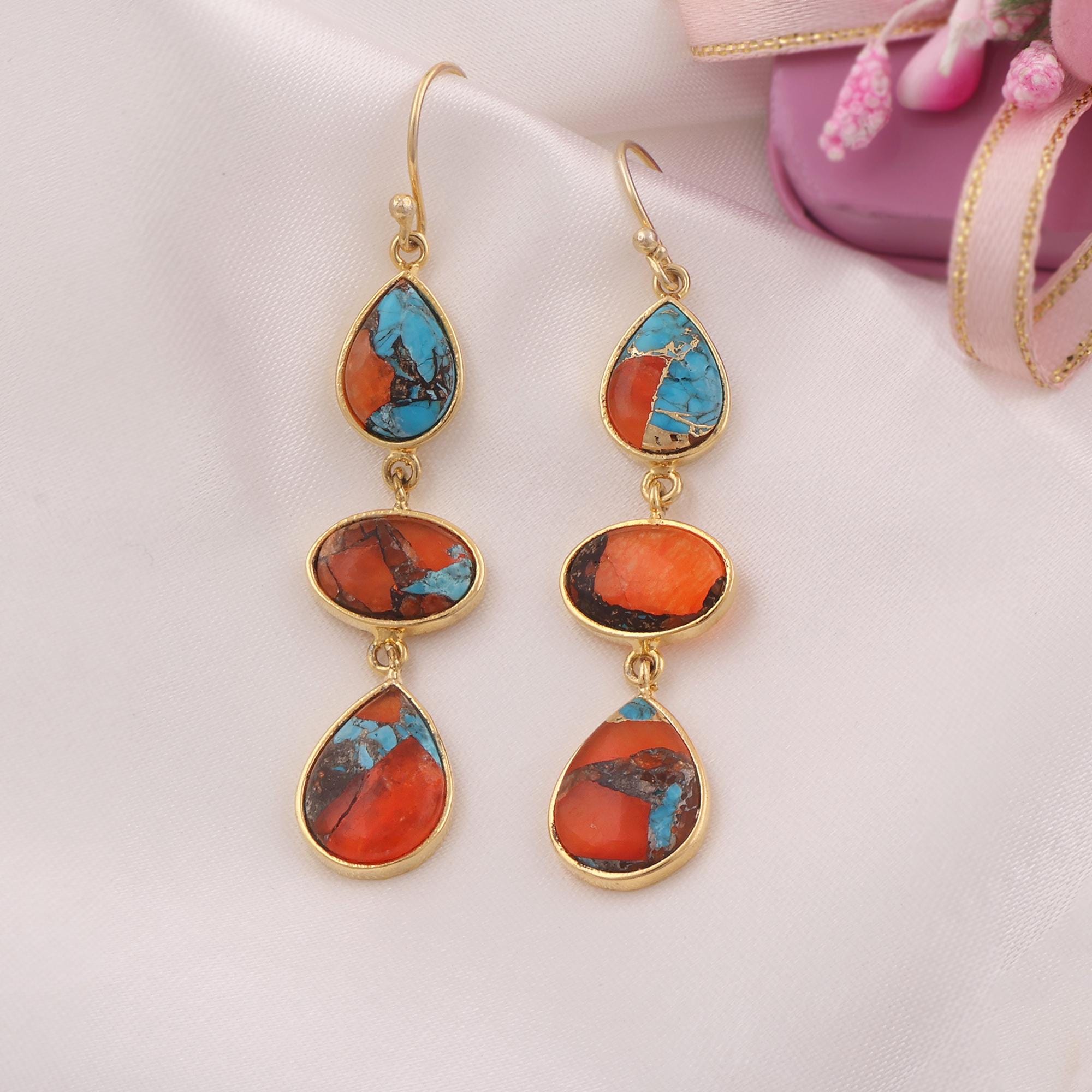 Bezel Set Oyster Copper Turquoise Drop Earrings: 18k Gold Plated Three Mohave Gemstone