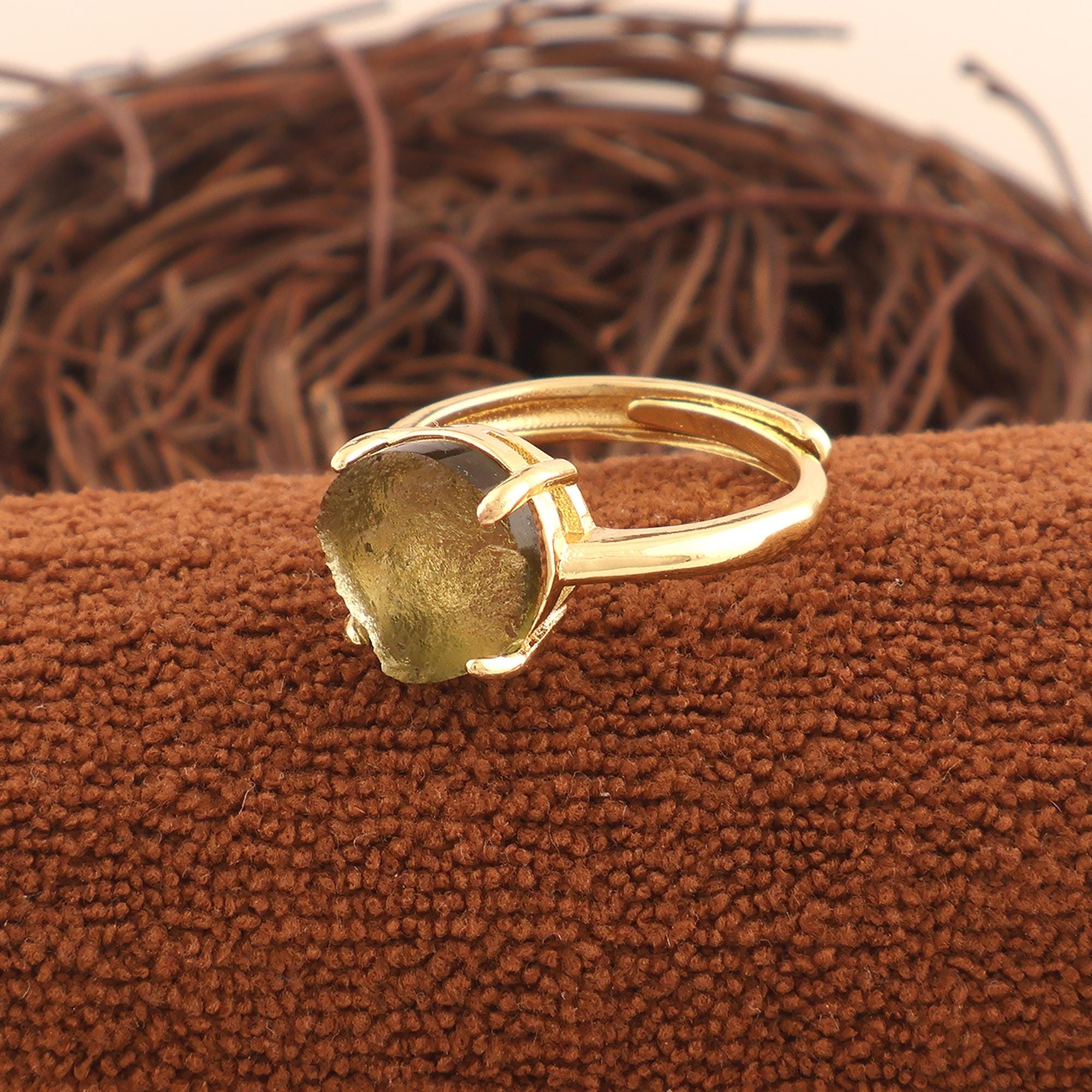 Raw Moldavite Crystal Ring: Authentic Space-Glass Solitaire, High-Frequency Cosmic Talisman